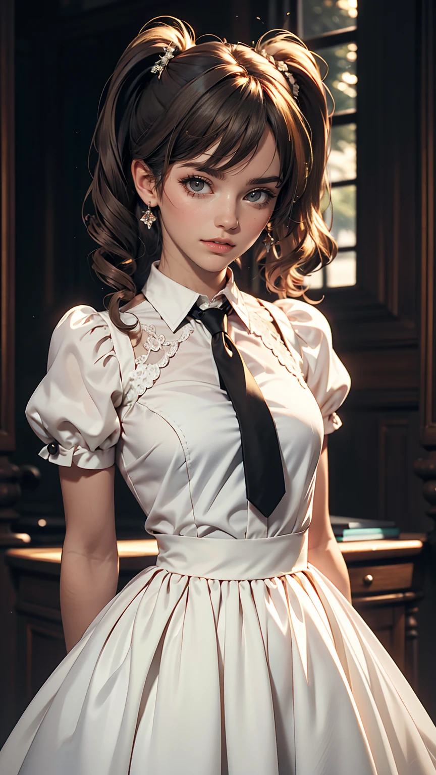 Innocence, Dark green hair, Twin tails, Put your arms behind your back, White Dress, Black waist tie, girl,blue eyes,