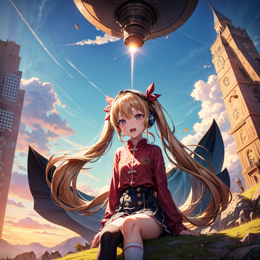 Pink gold golden hair、Golden Eyes、One good looking girl、Twin tails、solo、anime、Checkered mini skirt、The skirt has buttons、Red T-shirt、Long sleeve、China、Cape、Black knee-high socks、Wearing headphones、Wearing a ribbon、Ribbon on waist、Tilting face、Teeth are visible、Sunset sky、The rocks are exploding、Rocky Mountain、The clouds are breaking through、Contrail、Glasses、Behind him is a giant World Tree piercing the clouds.、Sitting、Touching your face、lotus leaves、stream、Cumulonimbus