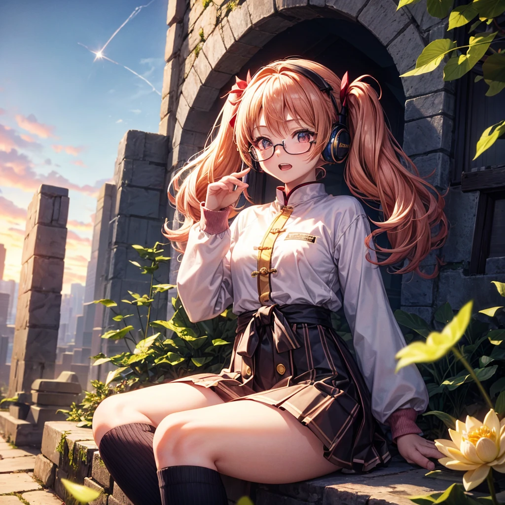 Pink gold golden hair、Golden Eyes、One good looking girl、Twin tails、solo、anime、Checkered mini skirt、The skirt has buttons、Red T-shirt、Long sleeve、China、Cape、Black knee-high socks、Wearing headphones、Wearing a ribbon、Ribbon on waist、Tilting face、Teeth are visible、Sunset sky、The rocks are exploding、Rocky Mountain、The clouds are breaking through、Contrail、Glasses、Behind him is a giant World Tree piercing the clouds.、Sitting、Touching your face、lotus leaves、stream、Cumulonimbus