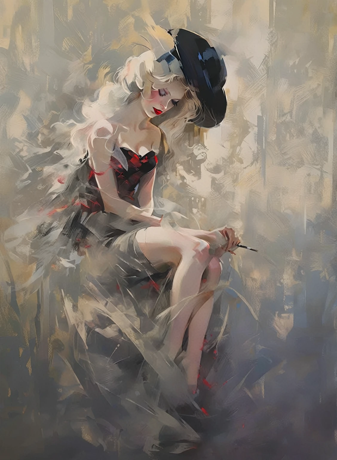 chiaroscuro technique on illustration of an elegant , retro and vintage ,arafed woman with red lips and a black hat posing for a picture, wearing black dress and hat, sexy lips :5 stylish, sexy face with full makeup, by Wayne England, thick red lips, beautiful witch with long hair, sexy red lips, wearing black old dress and hat, mysterious glamour, matte painting, by Hannah Dale, by Harumi Hironaka, extremely soft colors, vibrant, pastel, highly detailed, digital artwork, high contrast, dramatic, refined, tonal, golden ratio