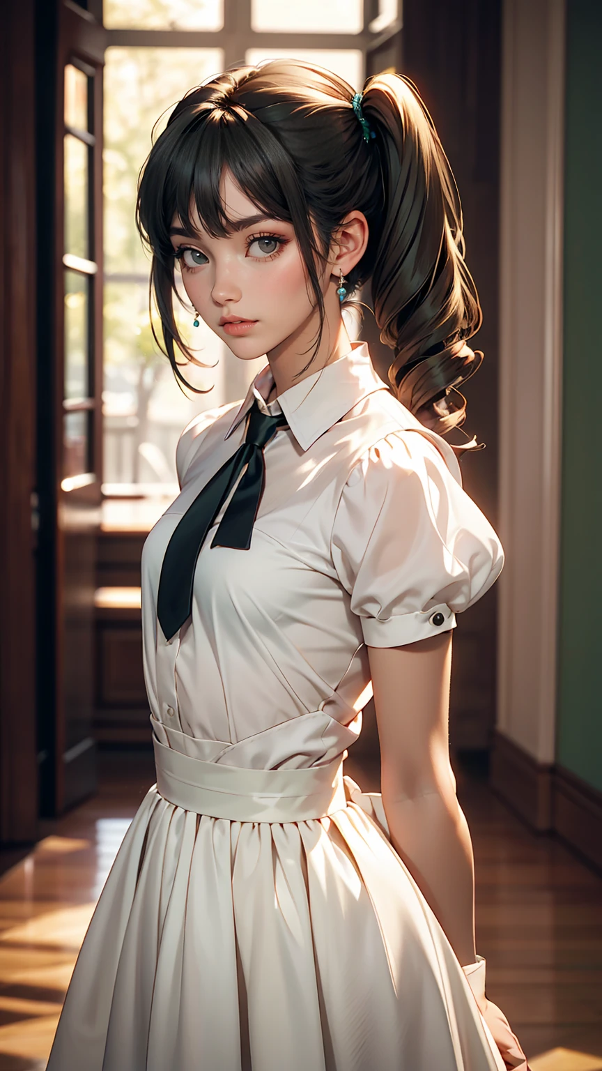 Innocence, Dark green hair, Twin tails, Put your arms behind your back, White Dress, Black waist tie, girl,blue eyes,