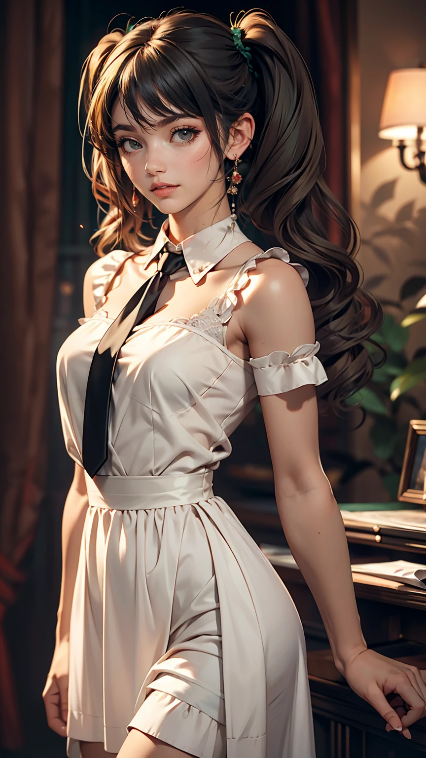 Innocence, Dark green hair, Twin tails, Put your arms behind your back, White Dress, Black waist tie, girl,blue eyes,