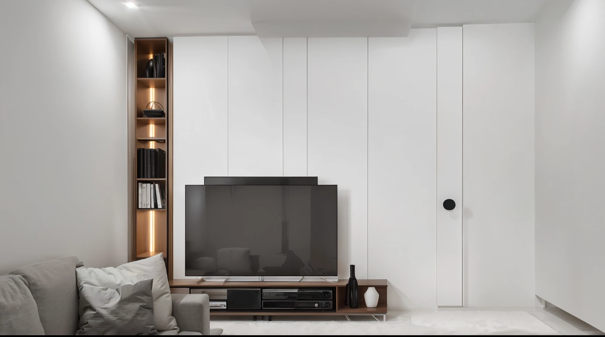 there is a television in a living room with a couch, modern minimal design, minimalistic and beautiful, white panels, simple clean lines, minimalist interior design, from 8 k matte, modern and minimalist, modern minimalist f 2 0 clean, realistic concept, interior white wall, apartment design, elegant minimalism, modern minimalist, interior of a small room