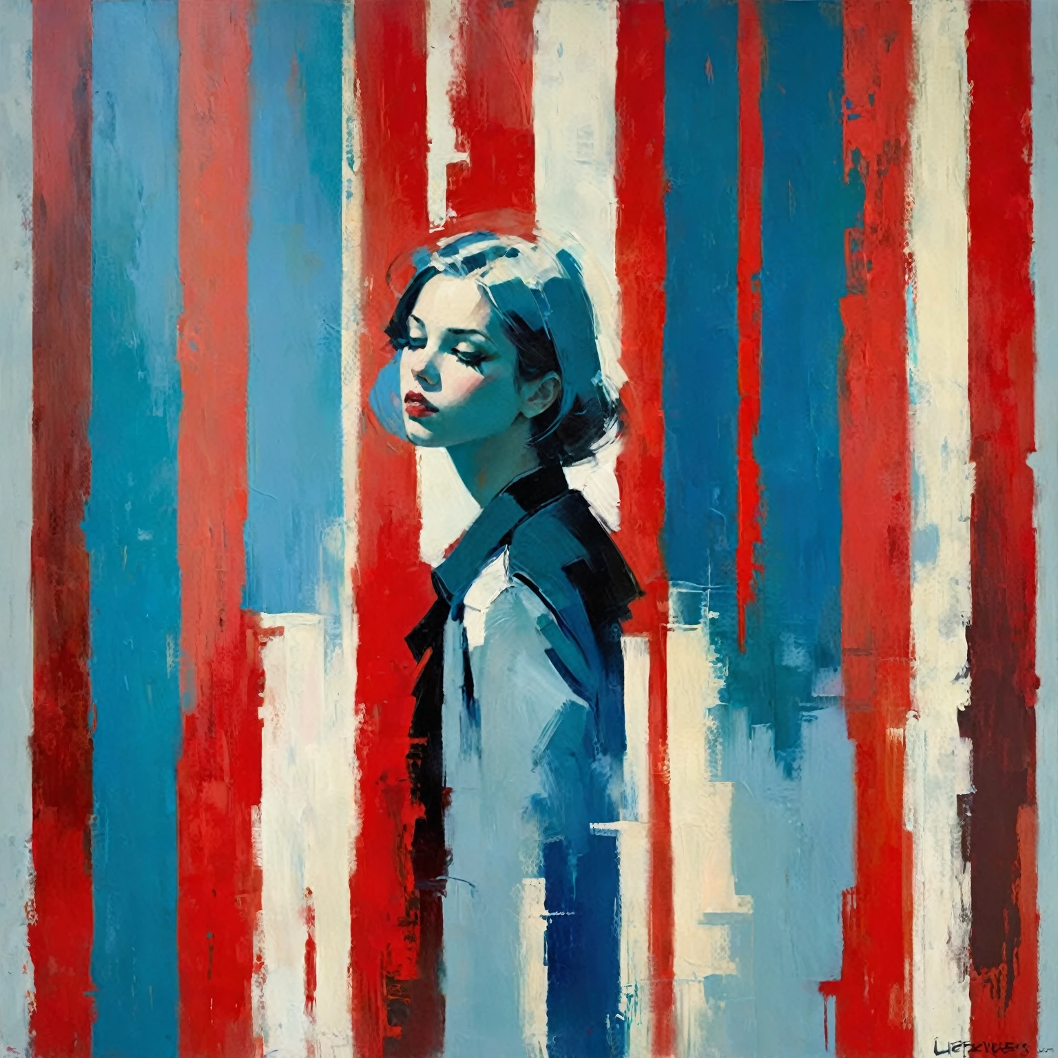 Create an evocative oil painting inspired by Malcolm Liepke, based on the provided image. Capture the intense, introspective expression of the young subject using thick, expressive brushstrokes and a muted color palette. Highlight the emotional depth and vulnerability in the subject's gaze, emphasizing the play of light and shadow on their face. Maintain a simple, textured background that complements the subject's contemplative presence. Focus on the tactile quality of the oil paint to convey the raw emotion and intimacy characteristic of Liepke's style.