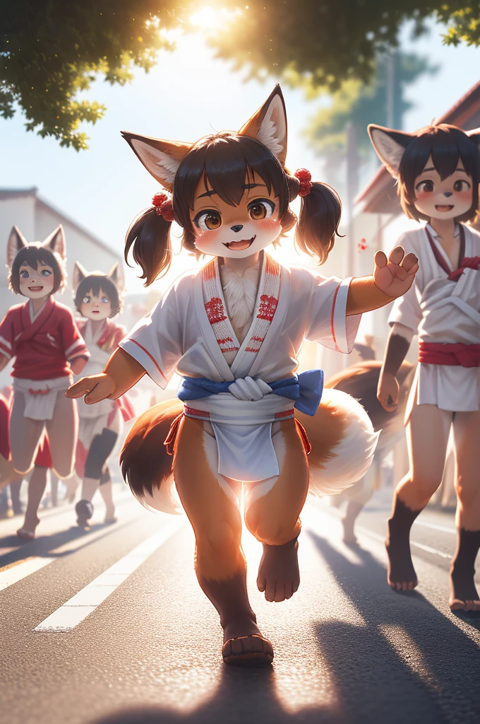 rear Bokeh , hairy fox girl , Short stature , realistic hairy fur , round face , Swollen cheeks , glossy lips , Japanese festivals, hakata yamakasa , happi coats , fundoshi , summer sunny day , cumulonimbus , running , Crowds along the road