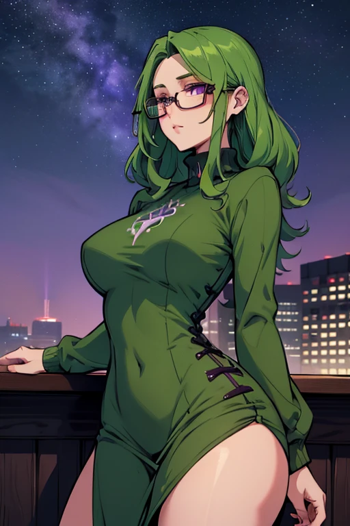 A green haired woman with violet eyes with an hourglass figure with glasses in a cute sweatshirt dress is watching the stars at night on a rooftop