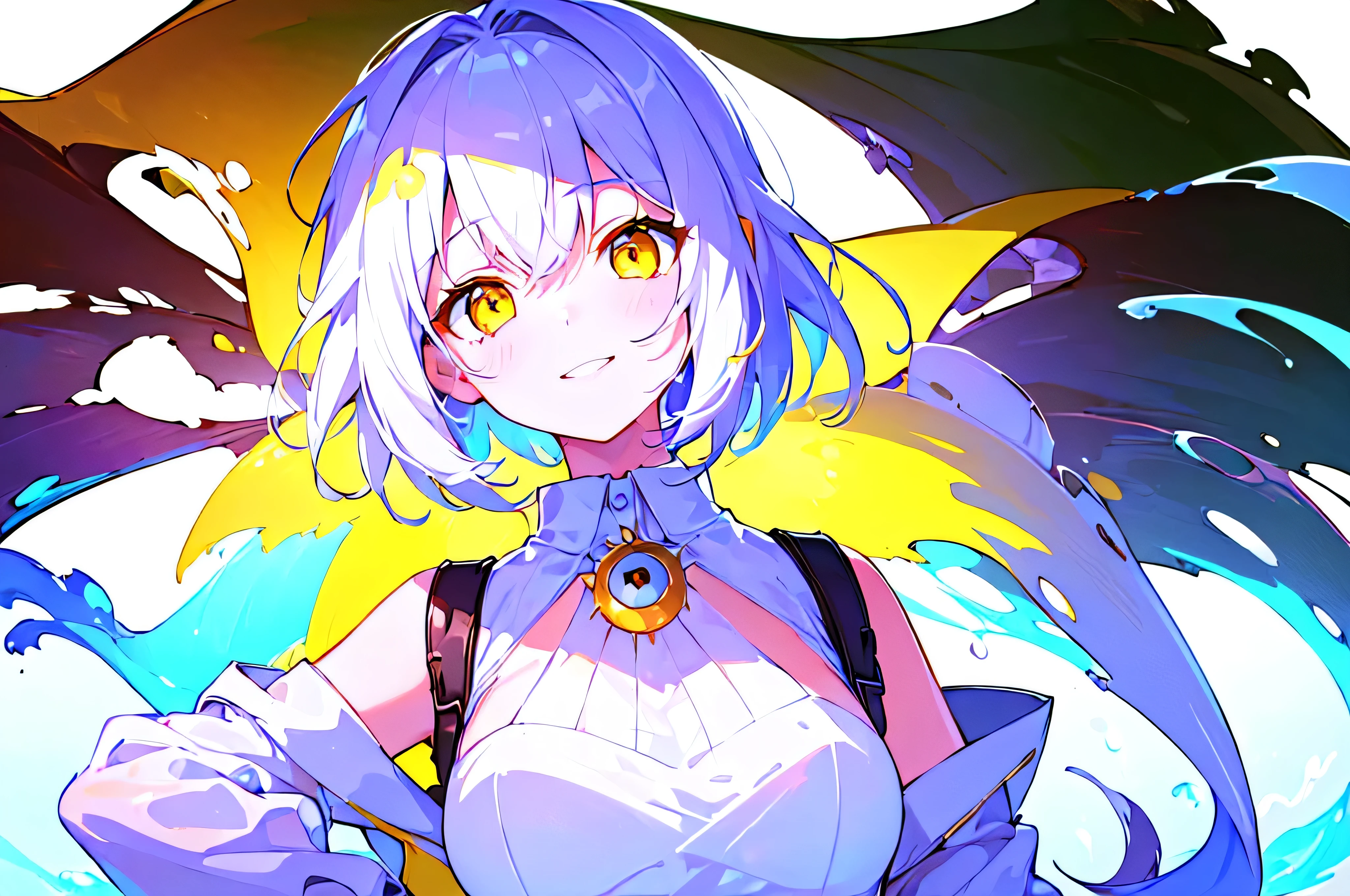 [(WHITE BACKGROUND:1.5),::5], ((((masterpiece)))), high quality, very_high_resolution, large_filesize, upper body, full color, (( girl)), short white hair, vivid color, ((yellow eye)), Summer clothes white, smile, animestyle, (NeonSoda Splash effect:1.3)