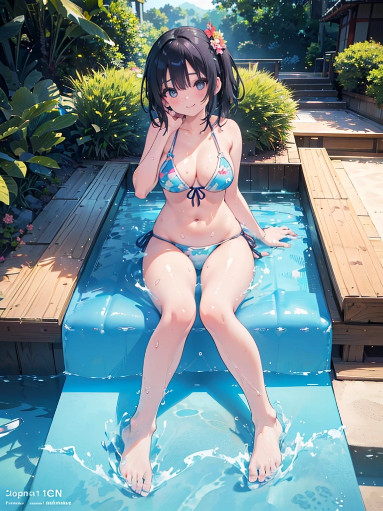 1 girl, Beautiful Japanese woman splashing down a waterslide, the woman is wearing a bikini and sitting on a float, cinematic angles, creative poses, smiling, wide open eyes, looking at viewer, (full body:1.5), (photorealistic:1.4), Best quality, 8k, Masterpiece, raw photo, (wide angle lens), Ultra-detailed face, Detailed eyes, (((nice hand, perfect hand)))