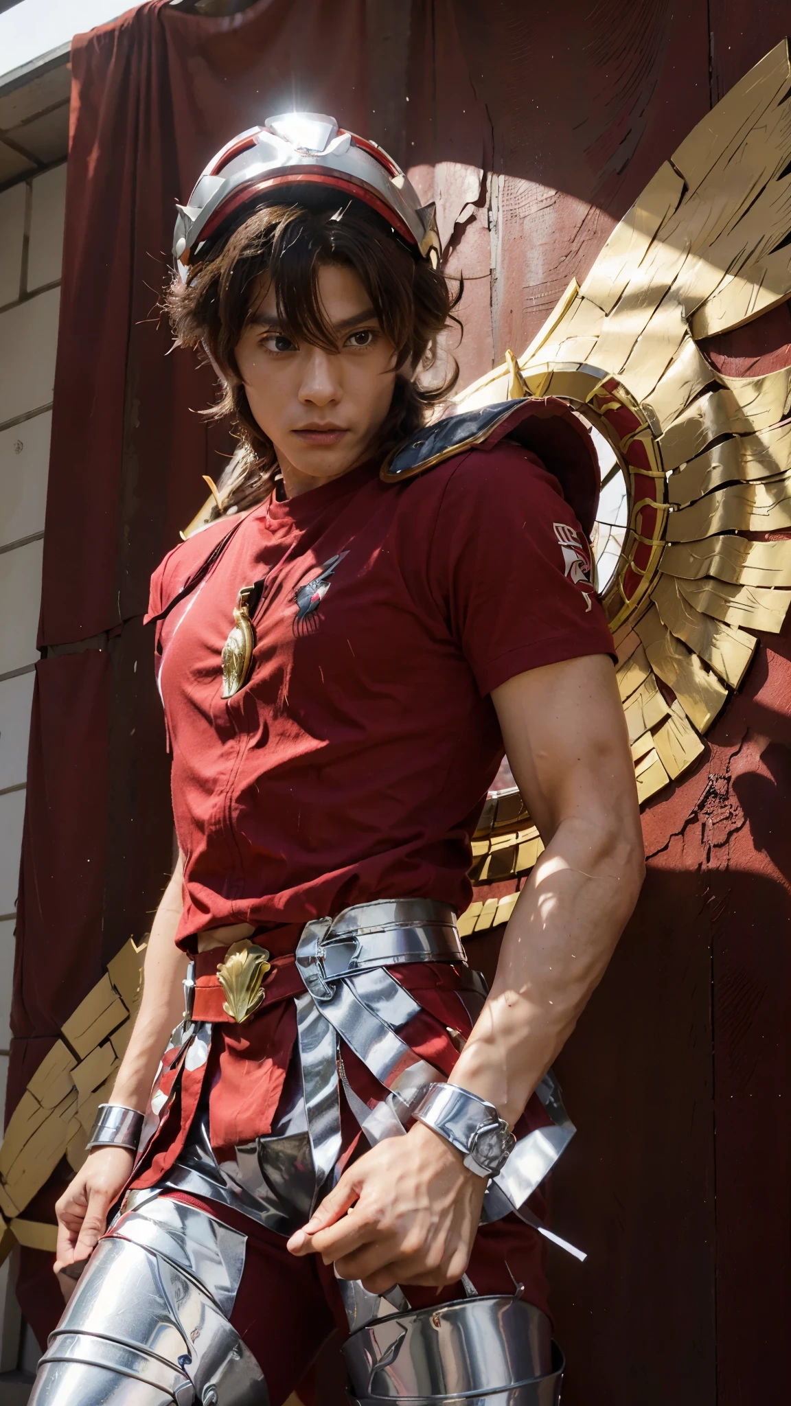 FULL BODY,((1 boy)),Pegasus Seiya,(MASTERPIECE:1.2),(REALISTIC:1.4),solo, (detail skin:1.2),
realistic skin texture,best lighting,
(Pegasus Seiya wearing a red short sleeve shirt,wearing a helmet,wearing red pants,wearing silver armor),
sanctuary of santa rosalia background:0.5