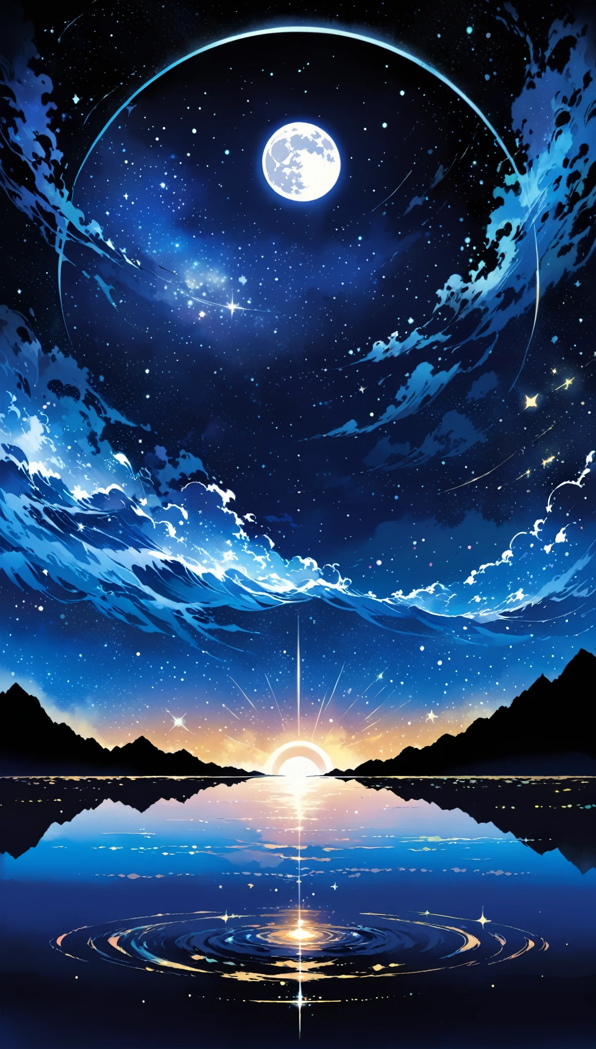 A condensed beauty of a painting of a river and the stars and moon in the sky, Concept art inspired by Mitsuoki Tosa, pixiv Contest Winner, highest quality, Fantasy art, Beautiful anime scene, Bright moon circle, Starry Sky environment in the moonlight, Dream Painting, Anime Background art, Dreamscape Painting, Great night, Anime Background, Background artwork, Great art, Atmospheric anime, Starry Sky, Detail enhancement.