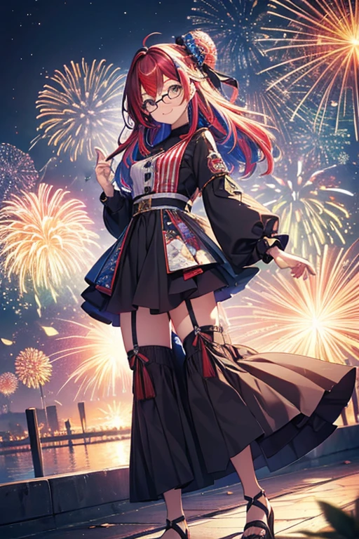 ((Fireworks Master)),Fireworks are the main focus,Fireworks display beyond imagination,An innocent smile、Glasses、never seen、Seven Colors,(One Girl, alone:1.6),(Cute Smile),(Her attire is simple), (Highest Impact:1.5), (Maximalism:1.7), Vivid contrast, (Realistic), 超Realisticなイラスト, High resolution, Ultra-detailed, Absurd,(Fractal Art:1.3)、Random Hairstyles、Random Hair Color Colorful、Full Body Shot、Retro、Accurate focus、Random pose、Cinema 4D、Drama