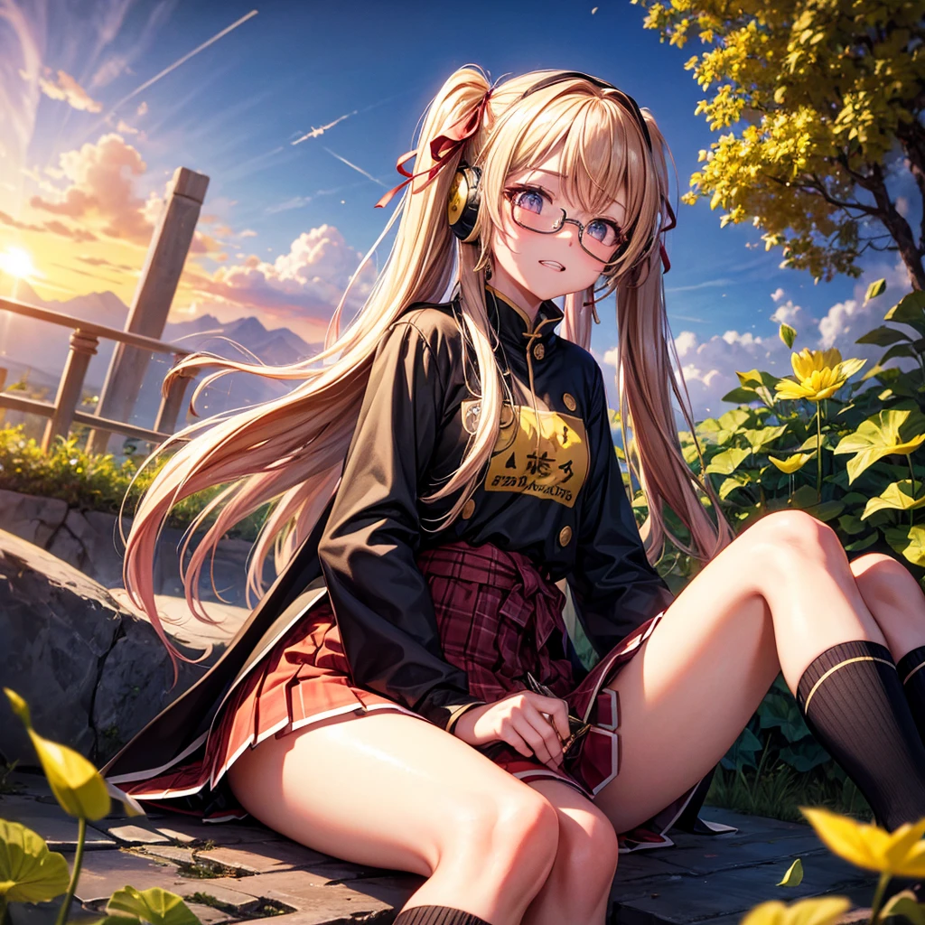 Pink gold golden hair、Golden Eyes、One good looking girl、Twin tails、solo、anime、Checkered mini skirt、The skirt has buttons、Red T-shirt、Long sleeve、China、Cape、Black knee-high socks、Wearing headphones、Wearing a ribbon、Ribbon on waist、Tilting face、Teeth are visible、Sunset sky、The rocks are exploding、Rocky Mountain、The clouds are breaking through、Contrail、Glasses、Behind him is a giant World Tree piercing the clouds.、Sitting、Touching your face、lotus leaves、stream、Cumulonimbus