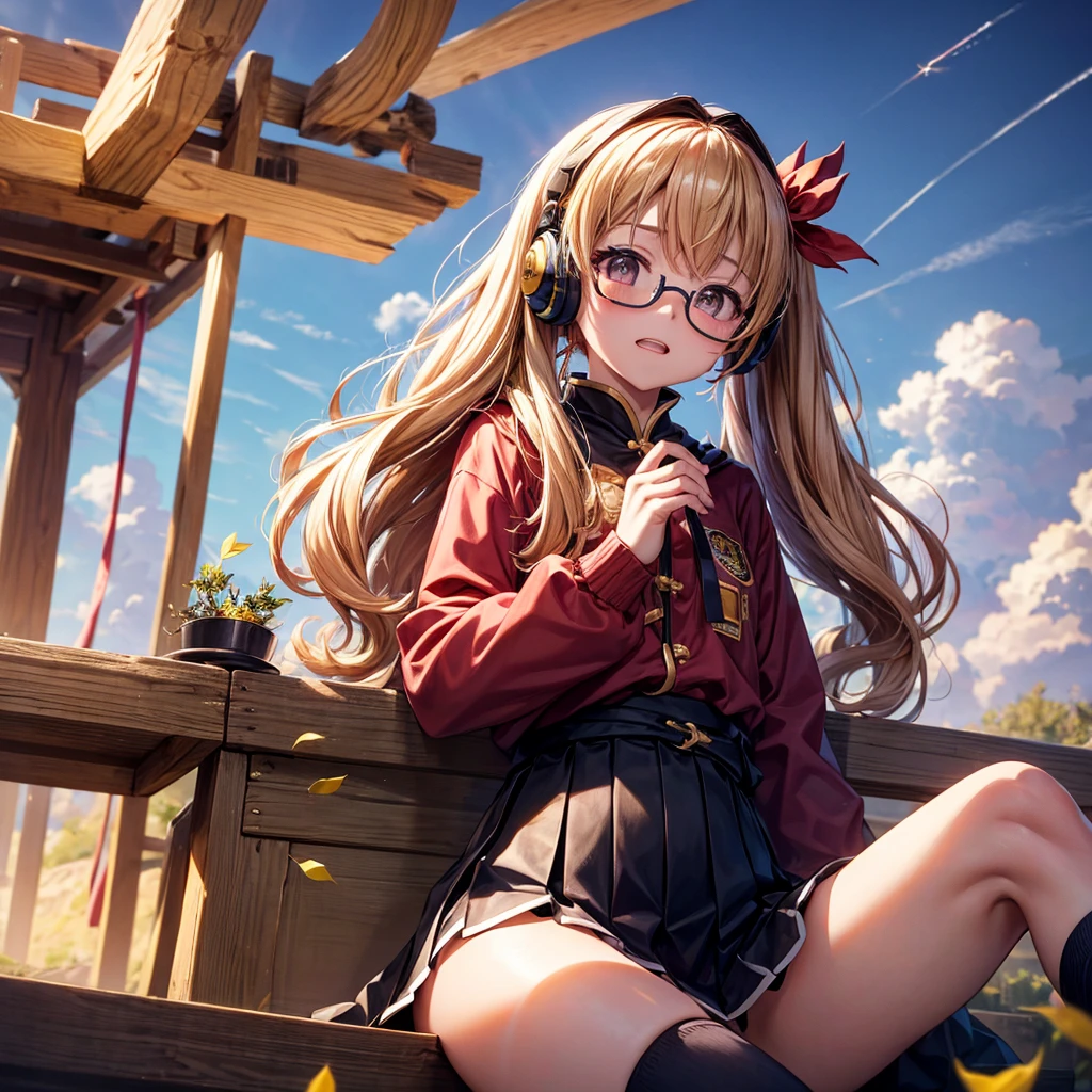 Pink gold golden hair、Golden Eyes、One good looking girl、Twin tails、solo、anime、Checkered mini skirt、The skirt has buttons、Red T-shirt、Long sleeve、China、Cape、Black knee-high socks、Wearing headphones、Wearing a ribbon、Ribbon on waist、Tilting face、Teeth are visible、Sunset sky、The rocks are exploding、Rocky Mountain、The clouds are breaking through、Contrail、Glasses、Behind him is a giant World Tree piercing the clouds.、Sitting、Touching your face、lotus leaves、stream、Cumulonimbus