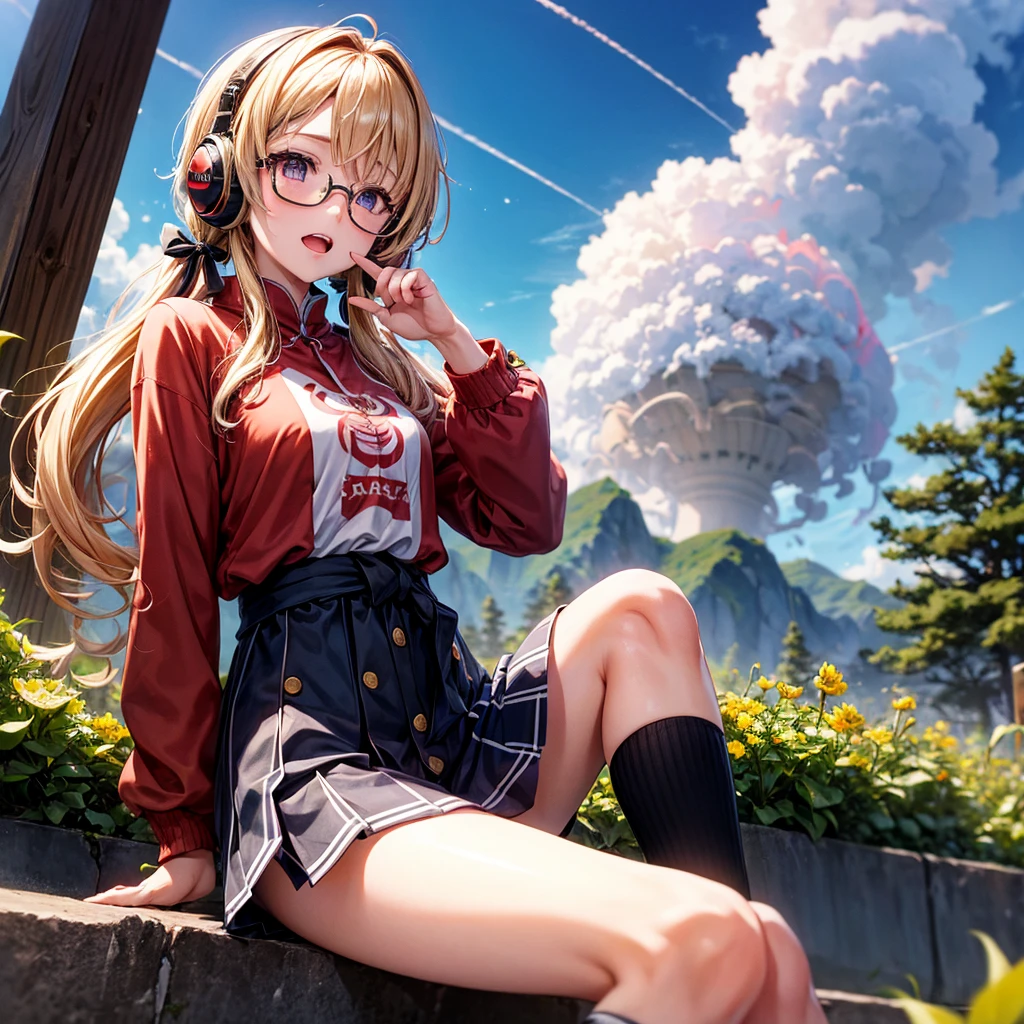 Pink gold golden hair、Golden Eyes、One good looking girl、Twin tails、solo、anime、Checkered mini skirt、The skirt has buttons、Red T-shirt、Long sleeve、China、Cape、Black knee-high socks、Wearing headphones、Wearing a ribbon、Ribbon on waist、Tilting face、Teeth are visible、Sunset sky、The rocks are exploding、Rocky Mountain、The clouds are breaking through、Contrail、Glasses、Behind him is a giant World Tree piercing the clouds.、Sitting、Touching your face、lotus leaves、stream、Cumulonimbus