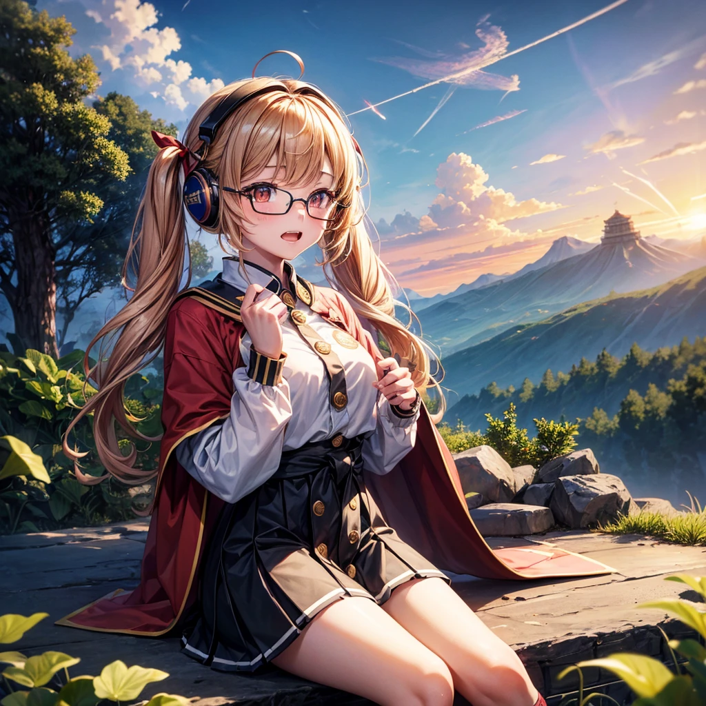 Pink gold golden hair、Golden Eyes、One good looking girl、Twin tails、solo、anime、Checkered mini skirt、The skirt has buttons、Red T-shirt、Long sleeve、China、Cape、Black knee-high socks、Wearing headphones、Wearing a ribbon、Ribbon on waist、Tilting face、Teeth are visible、Sunset sky、The rocks are exploding、Rocky Mountain、The clouds are breaking through、Contrail、Glasses、Behind him is a giant World Tree piercing the clouds.、Sitting、Touching your face、lotus leaves、stream、Cumulonimbus