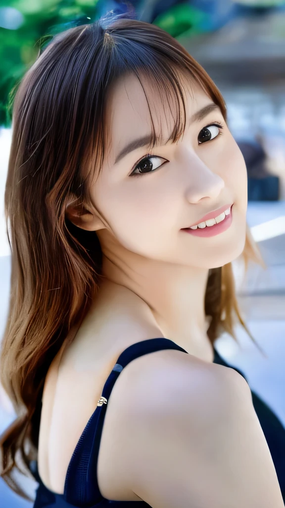 (8k, RAW photo, best quality, masterpiece:1.2), (realistic, photo-realistic:1.4), (extremely detailed 8k wallpaper), sharp focus, depth of field, blur background, bokeh,natural light,Poolside,japanese woman,30-year-old woman,ponytail,Beautiful breasts,(black plain bikini: 1.5),(Looking at viewer,((super fine face)), Standing posture,The whole body was photographed,smile