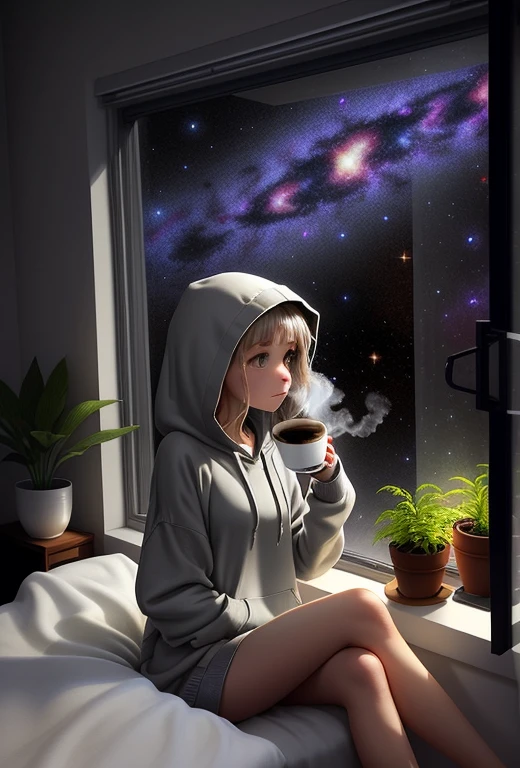  1girl, 
 sitting in bed next to a large window, holding coffee cup, steaming coffee cup, wearing over sized hoodie, grey hoodie, hoodie over legs, small plants on the windowsill, looking out the window, looking away from viewer, background through window is vast space, galaxy background