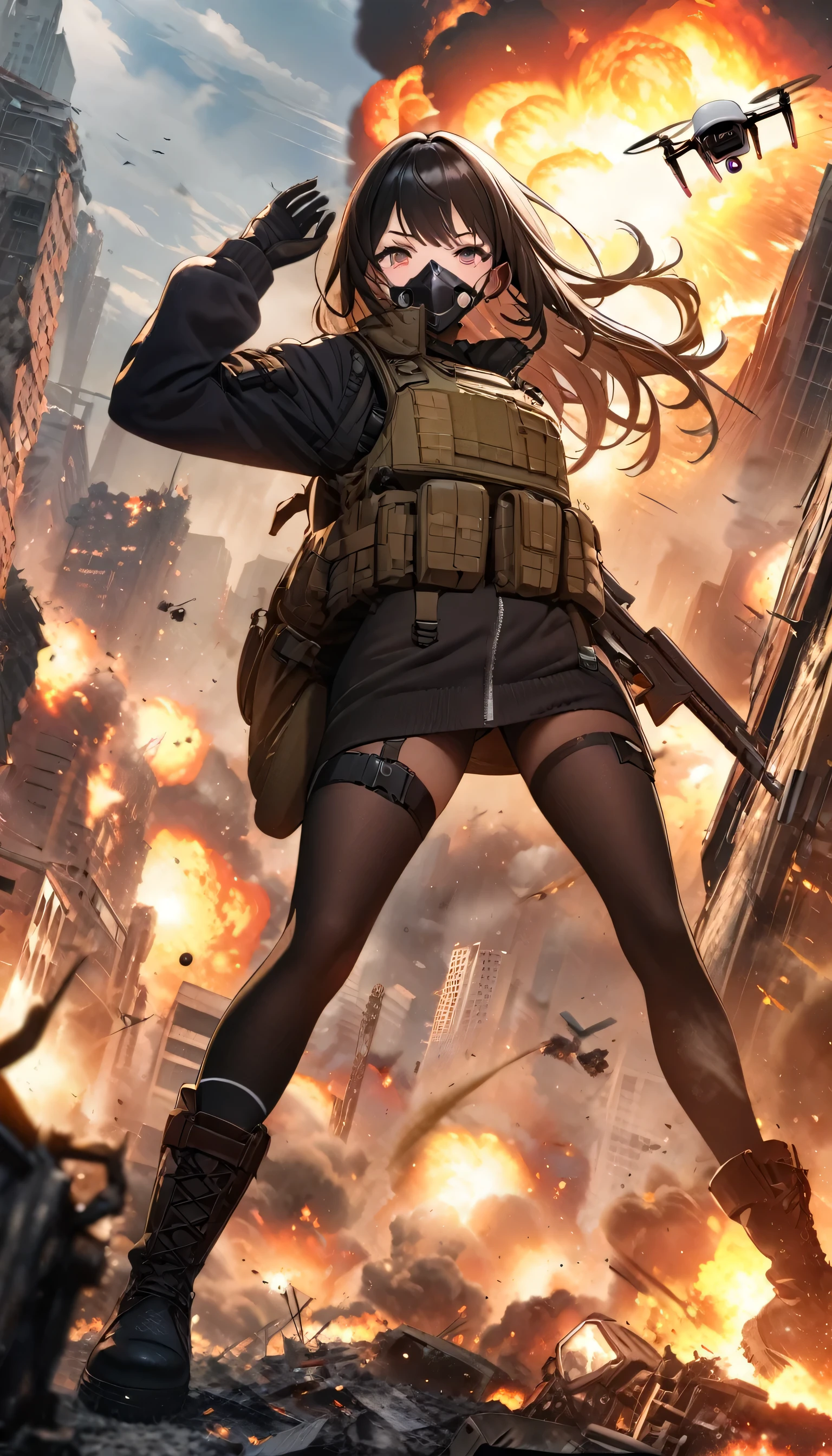 ((high quality)), ((masterpiece)), 8k, One girl, Bulletproof vest, light, Highly detailed CG Unity 8k wallpaper, Game CG, View your viewers, gloves, boots, whole body, clock, computer, mask, Drone, Have a weapon, Jacket, (Background Destroyed city , explosion , cigarette