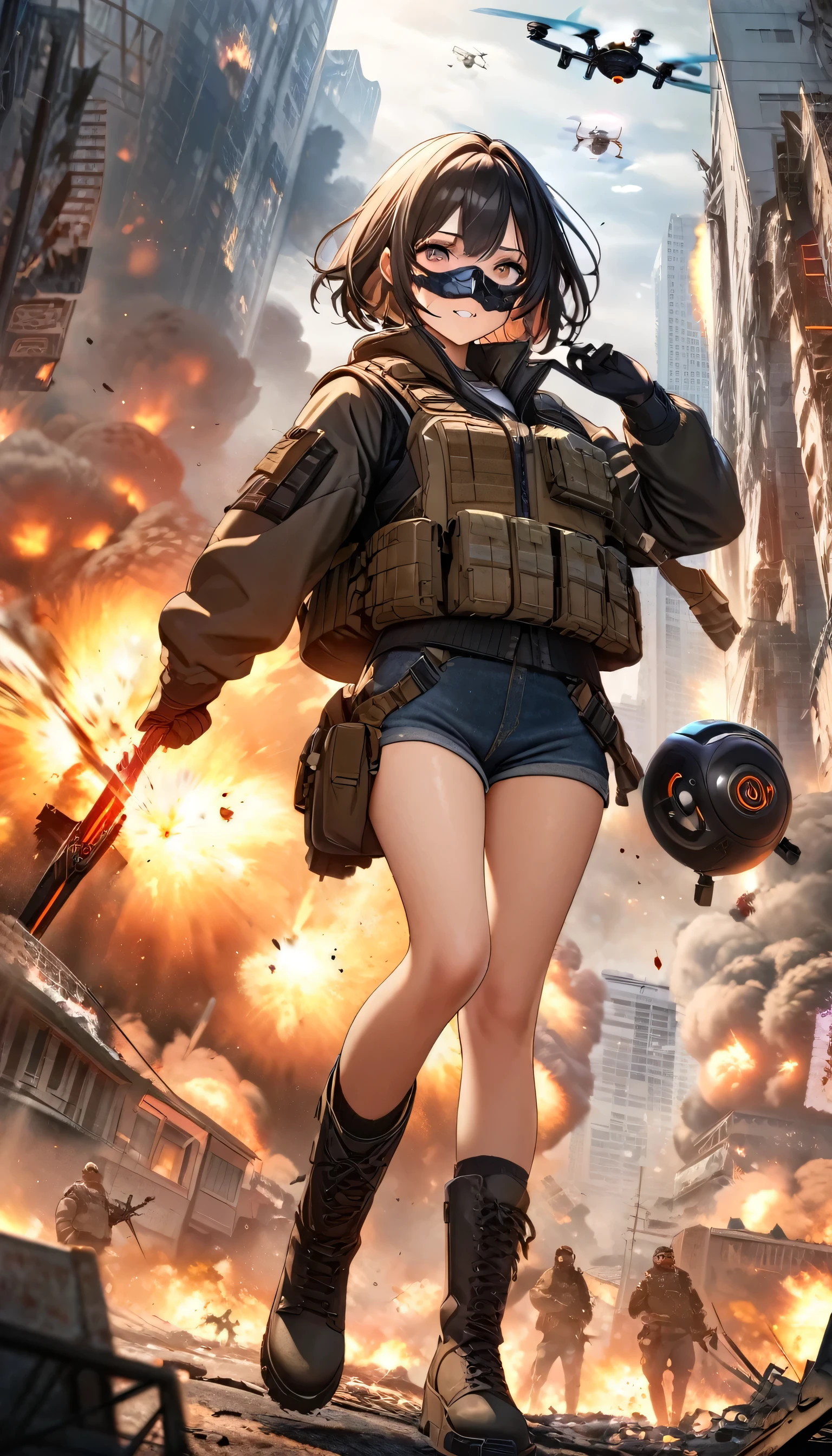 ((high quality)), ((masterpiece)), 8k, One girl, Bulletproof vest, light, Highly detailed CG Unity 8k wallpaper, Game CG, View your viewers, gloves, boots, whole body, clock, computer, mask, Drone, Have a weapon, Jacket, (Background Destroyed city , explosion , cigarette