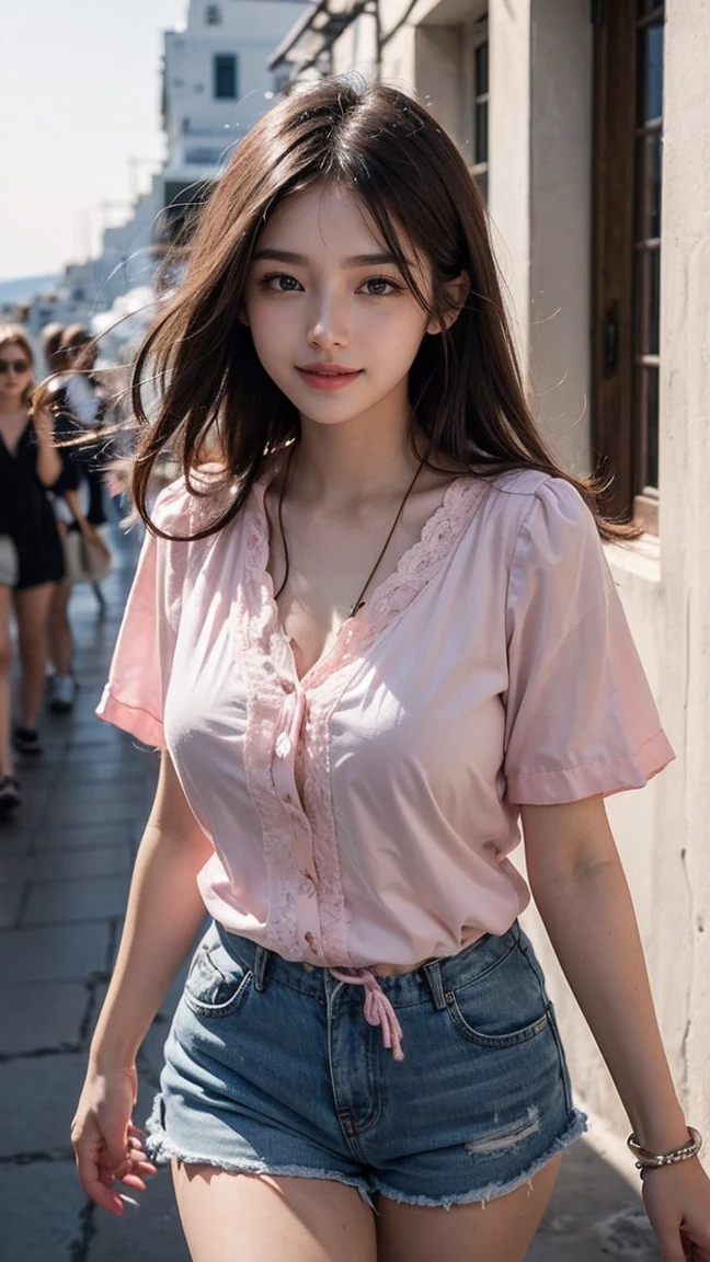 Top-quality Realistic,Official art,Highly detailed CG Unity 8k wallpaper,ultra-detailliert,hight resolution,Physically-based rendering,Magnificat,finely detail,masterpiece,Best Quality,ultra detailed,Mature beauty,Beautiful women,1girl,moist lips,sexy lips,Sexy smile,Gentle smile, 20 years old, Beautiful bare skin,Smooth bare skin, big well-shaped breasts, beautiful cleavage,beautiful Mature body,swept bangs,(Medium hair:1.3), beautiful detailed eyes,model shoot style,Japanese Idol,Half-body, ((Walking through Santorini's Oia district)),(Sunset),BREAK,((Light PINK DRAWSTRING FLARED short SLEEVE BLOUSE:1.3)),BREAK,((Black Mini flare skirt)),Jamping style,model pose,flying position,Delicately expressed eyes,cute smile,A gentle smile like a goddess,