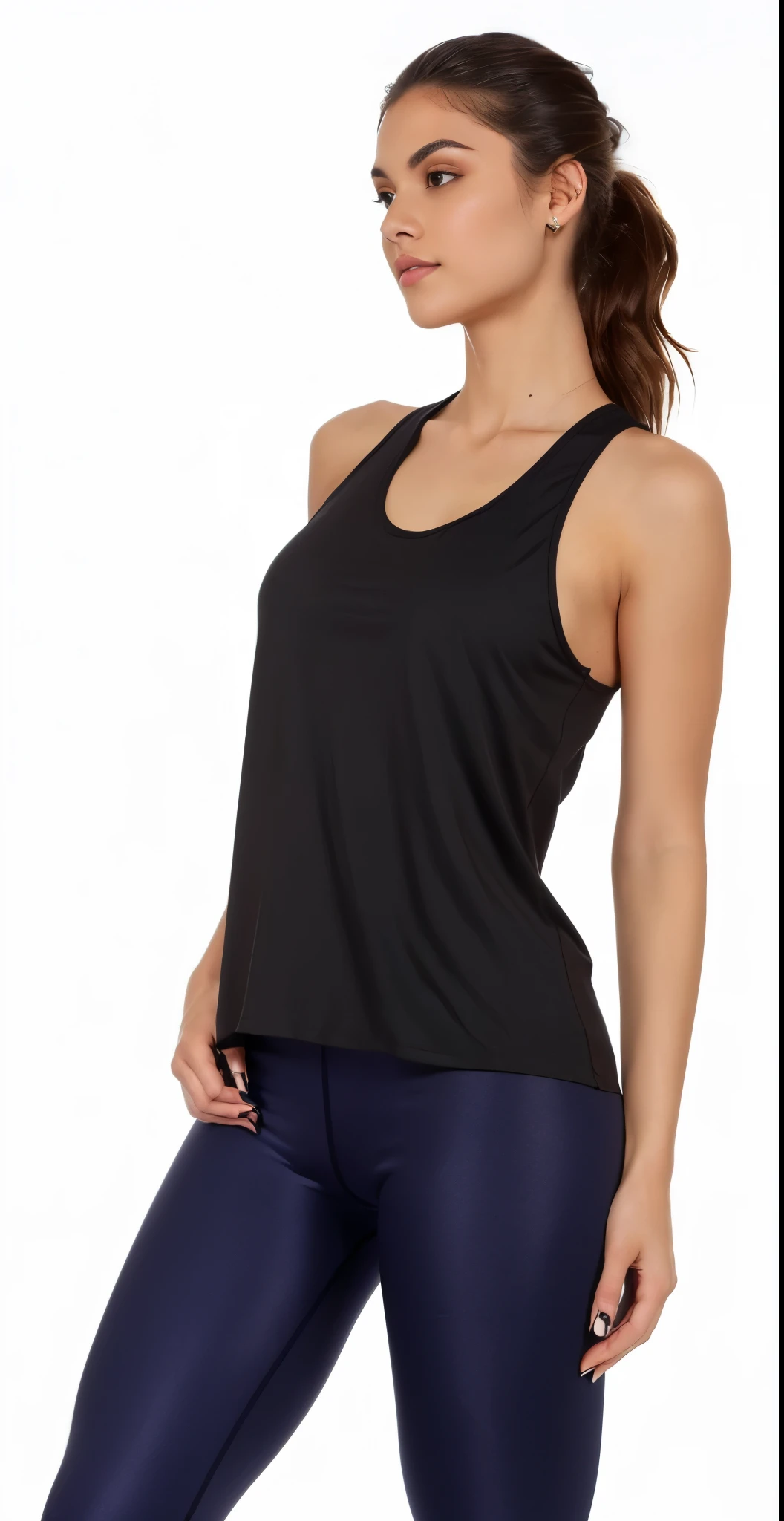 a woman in a preto tank top and leggings poses for a picture, she is wearing a preto tank top, preto tank top, preto tanktop, preto, tight preto tanktop, vestindo regata, Regata justa, wearing a preto cropped tank top, onyx, maxar, foto do produto, wearing a cropped preto tank top, vestindo uma camiseta muscular