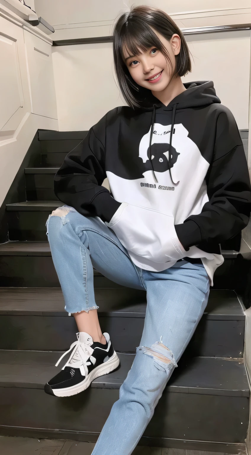 highest quality, Realistic, Very detailed, Finer details, High resolution, 8k wallpaper, One beautiful woman,Sit on the stairs、（Wear black socks）smile、（Beautiful teeth alignment、）（Gums are visible） Oversized hoodie, Skinny jeans,（ Black sneakers）、Black Hair、 Beautiful Bangs、ear piercing、Perfect dynamic composition, Beautiful and detailed, Full Body Shot, A big smile
