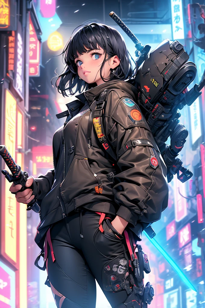 (masterpiece, best quality:1.1),
(8k, best quality, masterpiece, ultra highres, ultra-detailed:1.2),future technology,({Mia},1girl,tween,beautiful detailed face,(navy hair-color),(wavy-short hair),parallel eyebrows,navy eyes with large brown irises,blunt bangs,small nose, fresh lips,small chin,small breasts,small hip,(5feet tall)),wearing cyberpunk-style ninja costume,dagger,dynamic poses,whole body,Multi-wire striations,Glowing electronic shoes,whole body,Colored smoke,City avenue,skyscraper,neon lights，