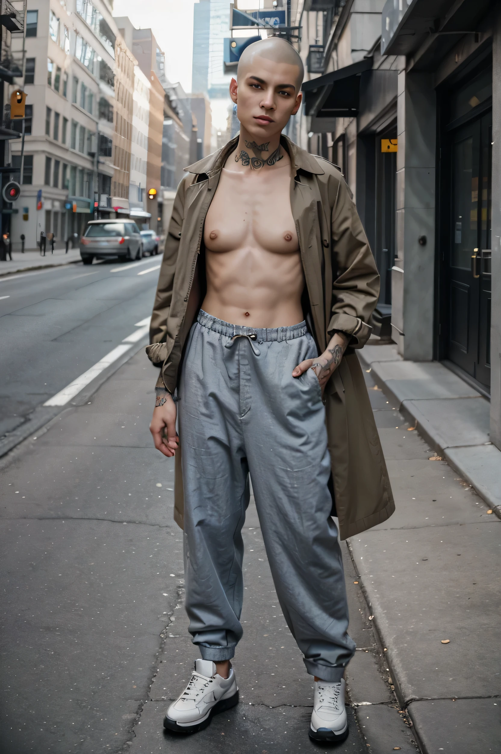 Full body hyper realistic vogue style picture of a young androgynous manly female with androgynous shaved hair standing in nyc street, in the style of trench coat, baggy pants, completely flat chest with tattoos, androgynous body with few arm tattoo, zeiss planar t 88mm f/2.8, kodak portra, uhd image, sovietwave, distinct features,