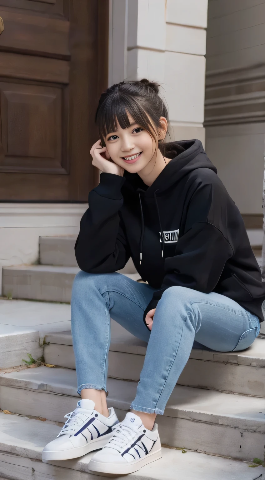 highest quality, Realistic, Very detailed, Finer details, High resolution, 8k wallpaper, One beautiful woman,Sit on the stairs、(Wear black socks)smile、(Beautiful teeth alignment、)(Gums are visible) Oversized hoodie, Skinny jeans,( Black sneakers)、Black Hair、 Beautiful Bangs、ear piercing、Perfect dynamic composition, Beautiful and detailed, Full Body Shot, A big smile
