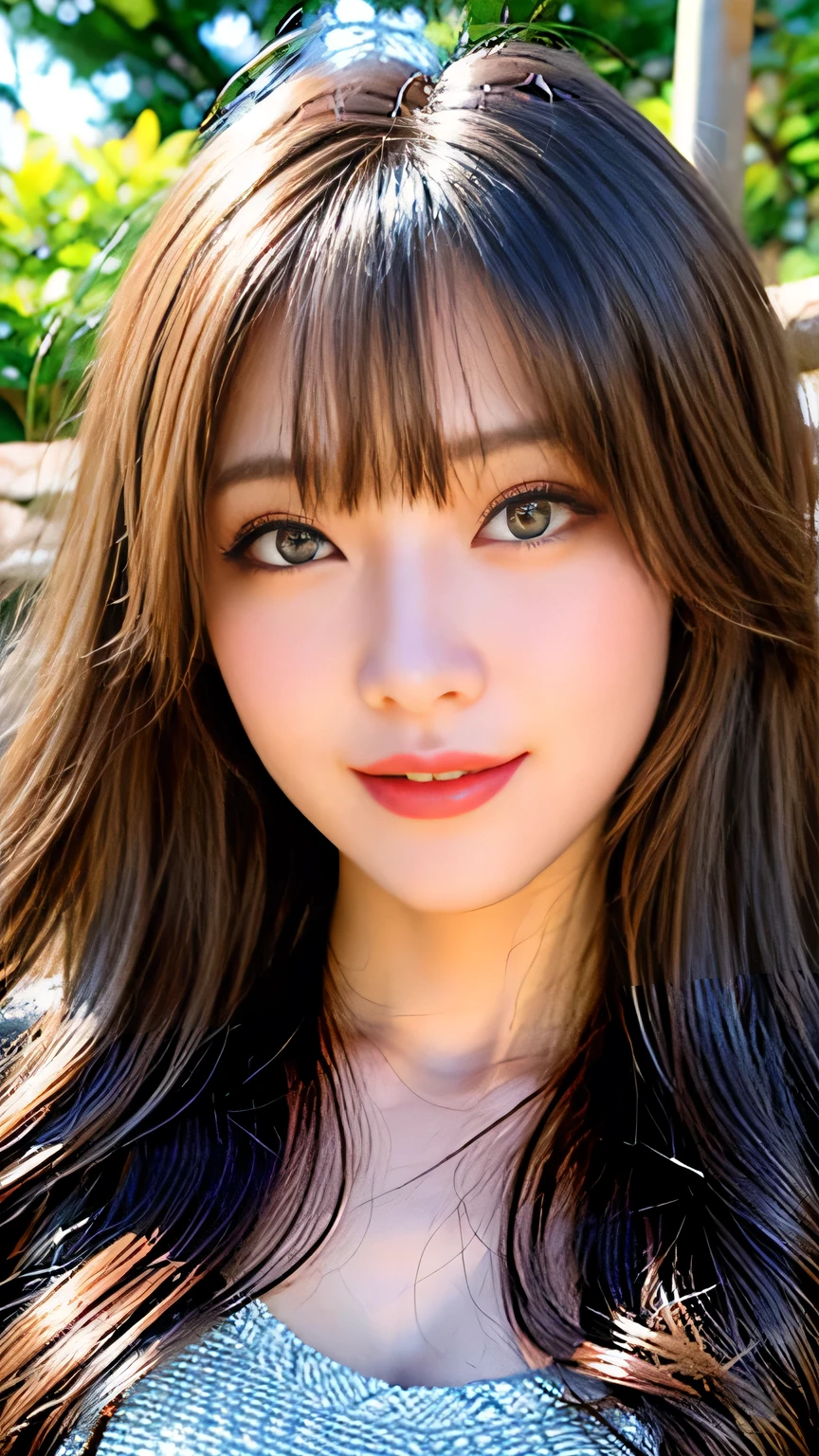 Full Body Angle、((highest quality, 8K, masterpiece: 1.3)), concentrated: 1.2, Cute girl 1,Nipples erect、 Perfect beauty: 1.4,Crisscross V-neck T-shirt, Casual summer short sleeve t-shirt: 1.2,Long sleeve、Randall Color、comics＆Text Graphics、Black ruffle-trimmed drawstring zip blouse,1.1, Highly detailed face and skin textures, Fine grain, double eyelid, whitening skin, ,highest quality,Ultra-high resolution,you,1 girl,alone,_Shiny_skin,Iris,necklace,((Brown_length_Wavy_hair)),(lips)),eyelash,Front hair,deal with,compensate,Shiny,pore,skin texture,Large Breasts、smiling face、Front hair、garden、