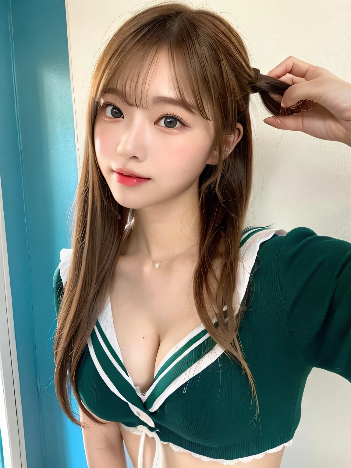 one person、whole body photos、high school girl、Green sailor suit、Cleavage、Green mini skirt、fun、Blonde、、whole body、slender、woman、White drool coming out of the mouth、Twin tails、 Fair skin,Super cute、Soft and Face、Brown Hair、8k resolution、Surreal、Ultra high definition、 Soft Body、A-cup small breasts((Highest resolution、8k、masterpiece:1.3))、Ultra-fine face、Ultra Fine Lips、Beautiful Eyes、double eyelid,Slender figure、I can see your thighs、Shapely small breasts、Light blue wall