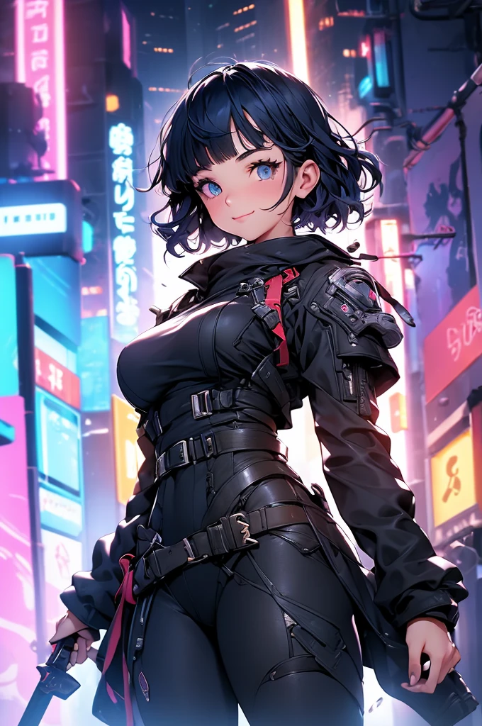 future technology,({Mia},1girl,tween,beautiful detailed face,(navy hair-color),(wavy-short hair),parallel eyebrows,navy eyes with large brown irises,blunt bangs,small nose, fresh lips,small chin,small breasts,small hip,(5feet tall)),wearing cyberpunk-style ninja costume,dagger,dynamic poses,whole body,Multi-wire striations,Glowing electronic shoes,whole body,Colored smoke,City avenue,skyscraper,neon lights，smile,