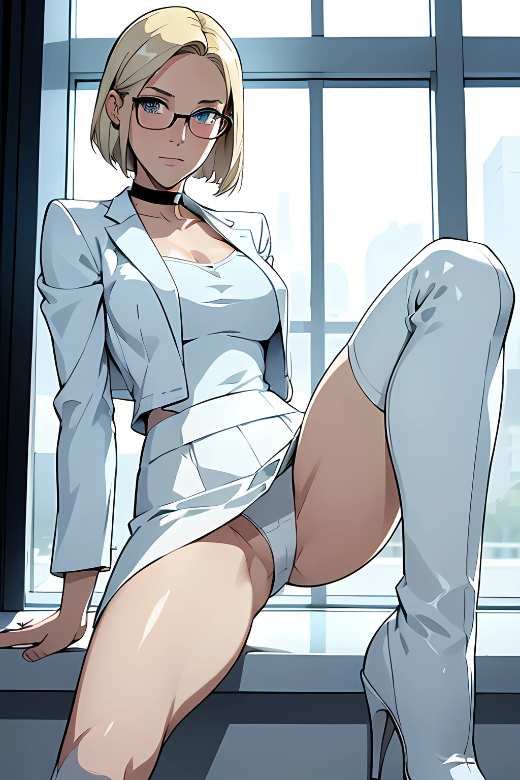 woman, Short straight blonde hair, blue eyes, White suit jacket, White Skirt, Black panties,long white high heel boots, Black Choker, No T-shirt, Moderate , Glasses, Perfect Face, Blushing, Spread your legs in front of the window
