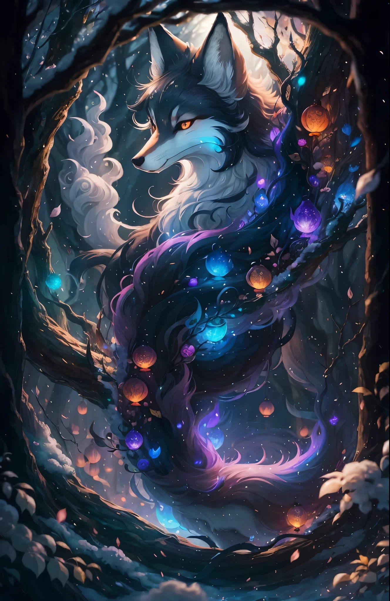 wonderland般的风景, sacred Nine-Tailed Fox black fox fairy, Small head, Majestic, It is very noticeable hair, Big Tail, Nine-Tailed Fox, Nine-Tailed Fox, Reddish black,Eyes full of aura,Overlooking,vista, It is very noticeable, Chinese Arts, Clever lighting, Blurred responsibilities, Mohabak protects foxes, stream, charming, immortal, Fluffy, Shiny mane, Sideways full body, wonderland, Studio Ghibli, Ultra wide angle, 8k --Automatic