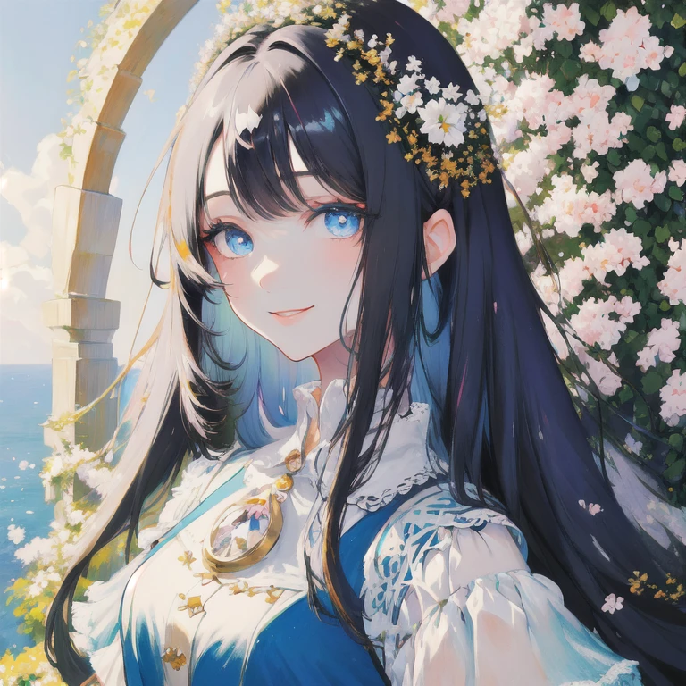 Gray Hair, Bright Blue Eyes, Woman in white dress, smile, Detailed face, high quality, Royalty, Royal princess, Elegant and pure