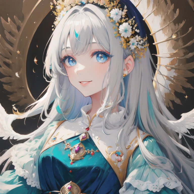 Gray Hair, Bright Blue Eyes, Woman in white dress, smile, Detailed face, high quality, Royalty, Royal princess, Elegant and pure