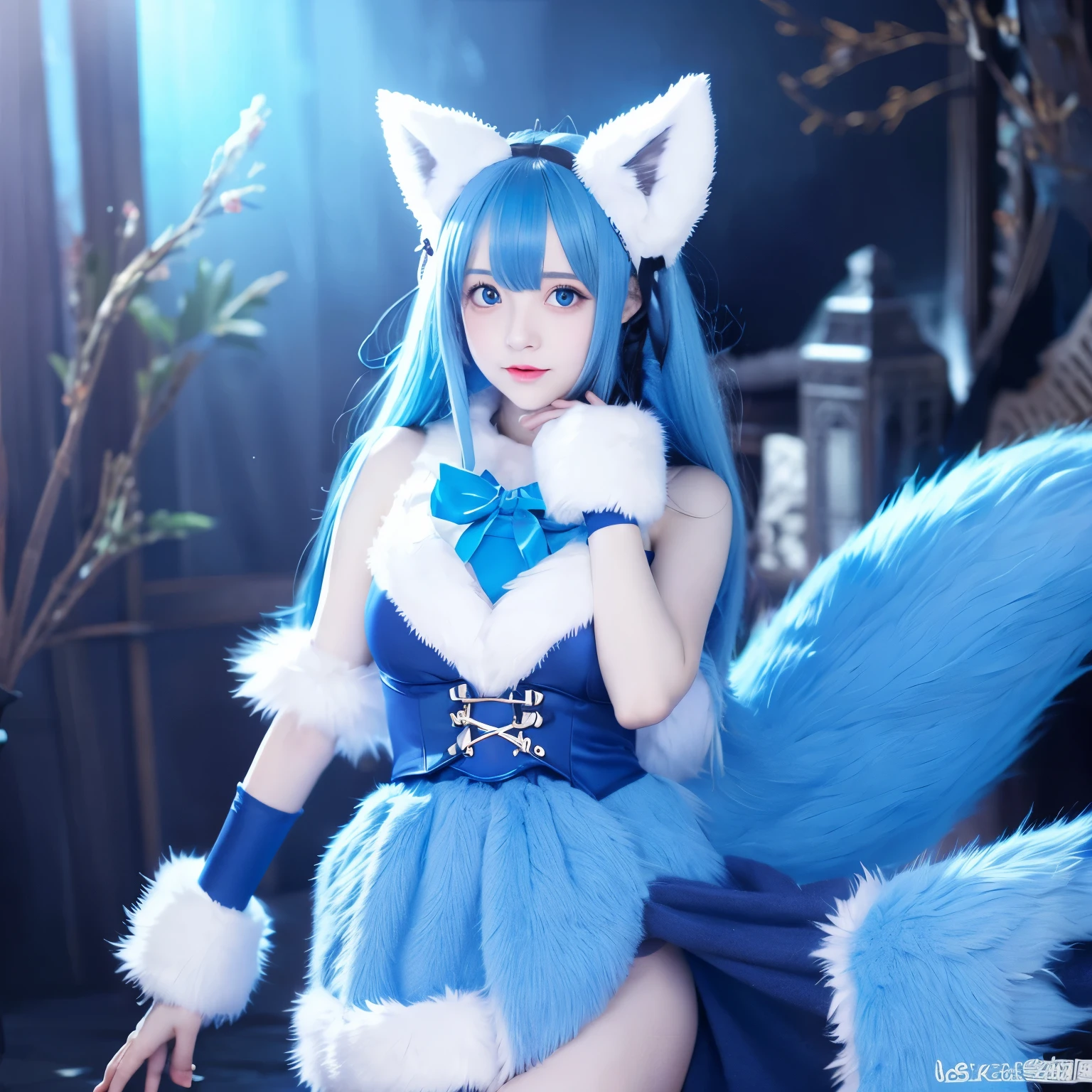 Fox Girl、Blue Hair、Light blue eyes、Blue fur、skirt、Fluffy、cute、1girl、solo、Fantasy、whole body、Furry、Fox Nose、Fox Ears、Fox&#39;s Mouth