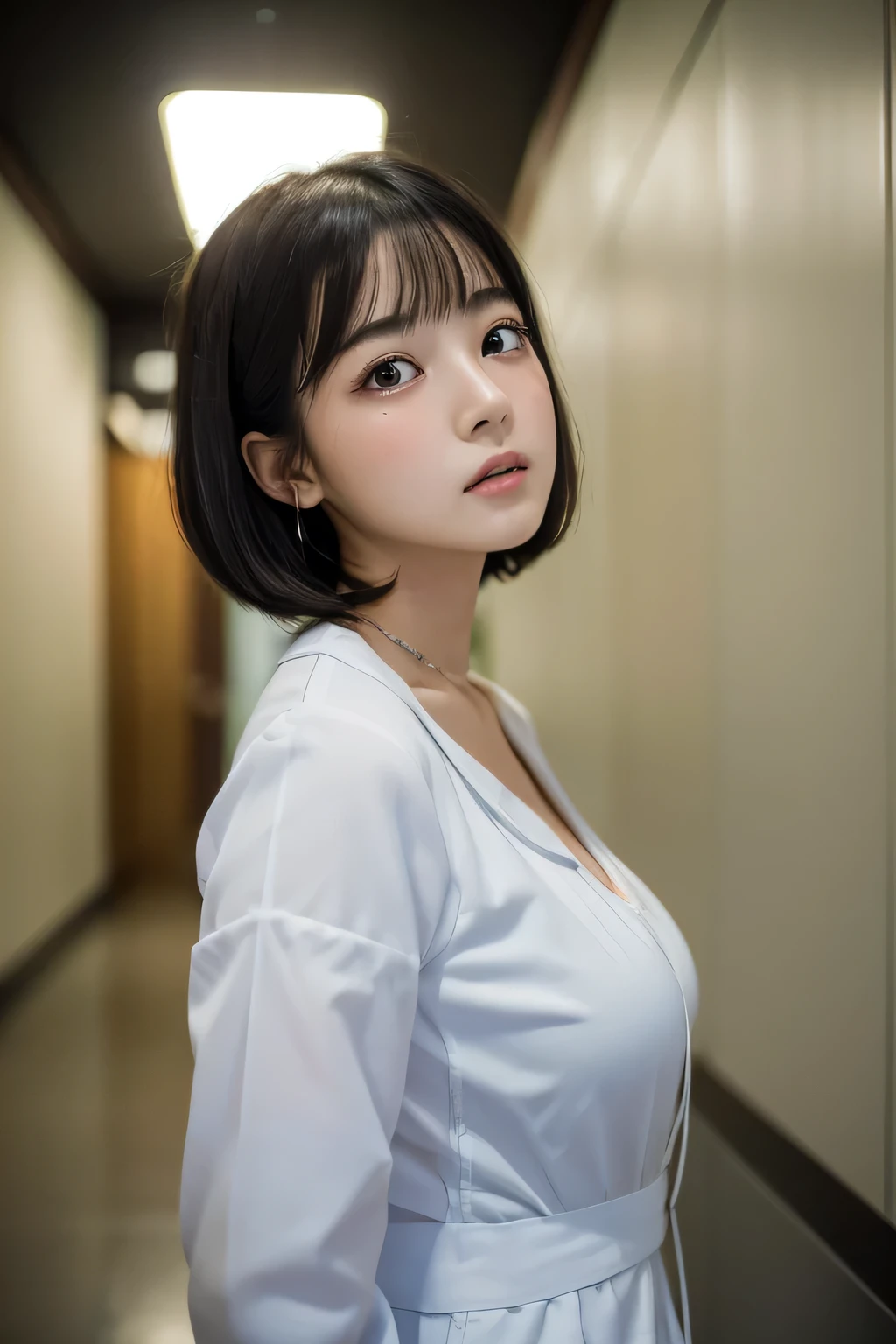 (1 Girl)、(Beautiful Japanese、18years old,round face、Refreshing、clear、seems kind、stylish、Pitiful、cute like an angel、cute、black eyes、,actress,Almond-shaped eyes,Translucent white skin、Beautiful skin), Good style , (Beautiful big breasts:1.2),(soft breasts),(very cute),(Black hair),(short bob hair),(enchanting eyes),(highlight on eyes:1.2)、(8K、Live shooting、highest quality、masterpiece:1.2、optimal lighting)、((masterpiece)),(Photo taken by a professional photographer),(real、photo real:1.4),break,{ (White nurse costume),(((taraditional nurse uniform))),,{(White nurse tight pants)},(cleavage:1.2)},( jumpy:1.4),(tears:1.4))(cheeks are red:1.2), break, break,Old abandoned hospital,Face shot:1.3、Night corridor、Looking at viewer:1.6, face close-up,Looking up、Are standing、(((There is a ghost behind))),(((Looking back)))