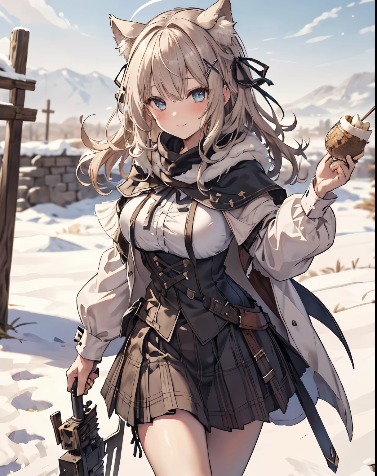 masterpiece,1girl, sparrow, a blonde haired girl, wearing a medieval european villager clothes, curly long hair, messy hair, black skirt, short white capelet with furry hoody, slim body, big breasts, she close her left eye, shirt ornament, lolippai, hair ribbon, lovely smile, beautiful breasts, rounded breasts, crimson eyes, flared skirt, plaid skirt, she stands in the snow field, shiroko \(blue archive\, cat ears, knight armor