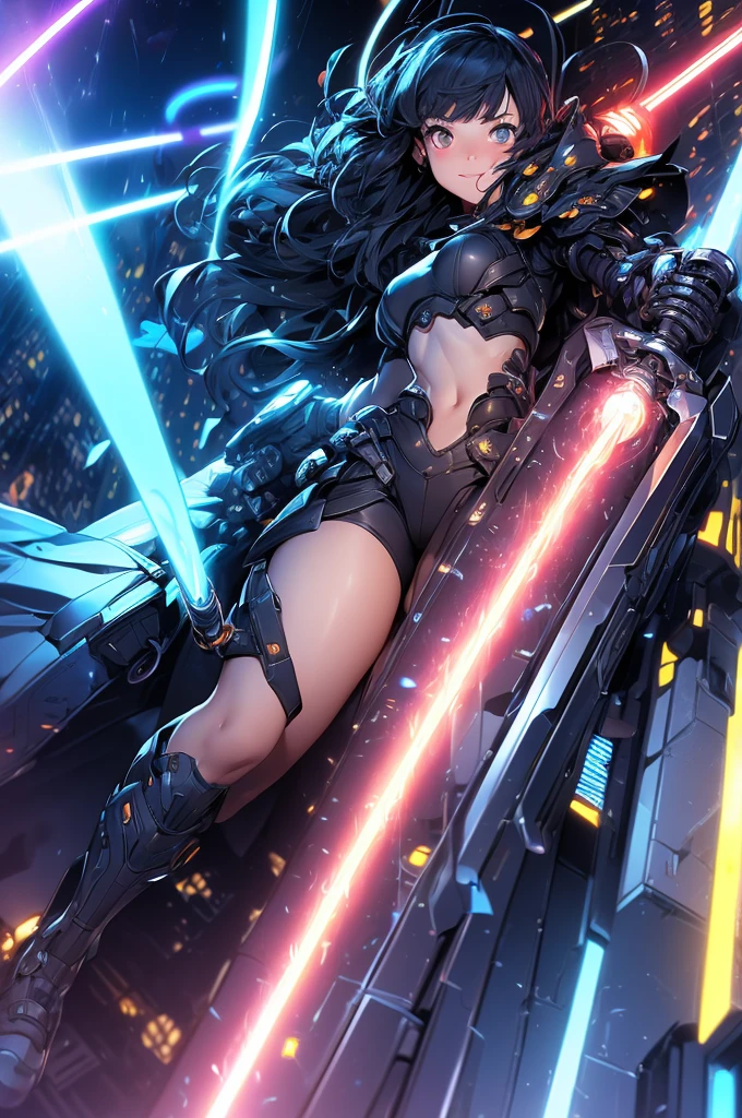 future technology,({Mia},1girl,tween,beautiful detailed face,(navy hair-color),(wavy-short hair),parallel eyebrows,navy eyes with large brown irises,blunt bangs,small nose, fresh lips,small chin,small breasts,small hip,(5feet tall)),wearing cyberpunk-style ninja costume,dagger,dynamic poses,dynamic angle,whole body,Multi-wire striations,Glowing electronic shoes,whole body,Colored smoke,City avenue,skyscraper,neon lights,smile,