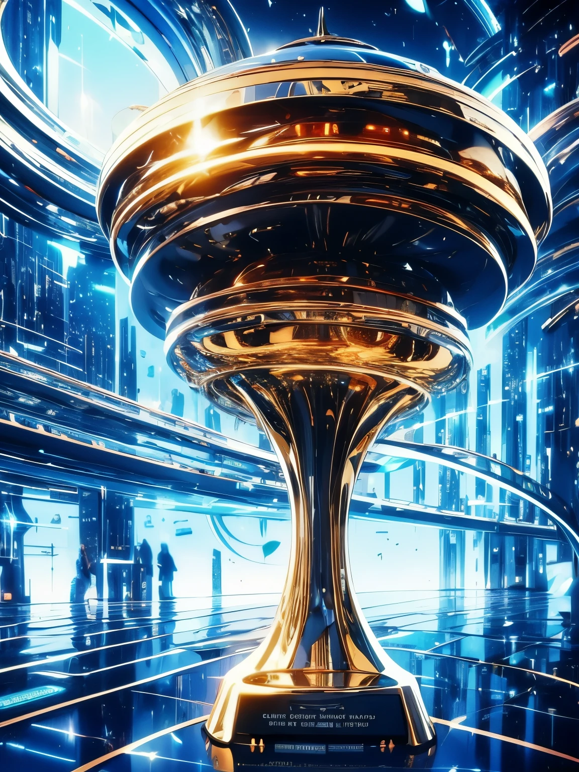 beautiful glorious (gold colored circuit) (digital trophy:2.0) floating at cyber space,(word "SEAART" on the trophy) BREAK ,background\(at digital electric cyber space\),quality\(8k,wallpaper of extremely detailed CG unit, ​masterpiece,hight resolution,top-quality,top-quality real texture skin,hyper realisitic,increase the resolution,RAW photos,best qualtiy,highly detailed,the wallpaper,cinematic lighting,ray trace,golden ratio\),(dynamic angle),award-winning,(close up trophy:1.5),