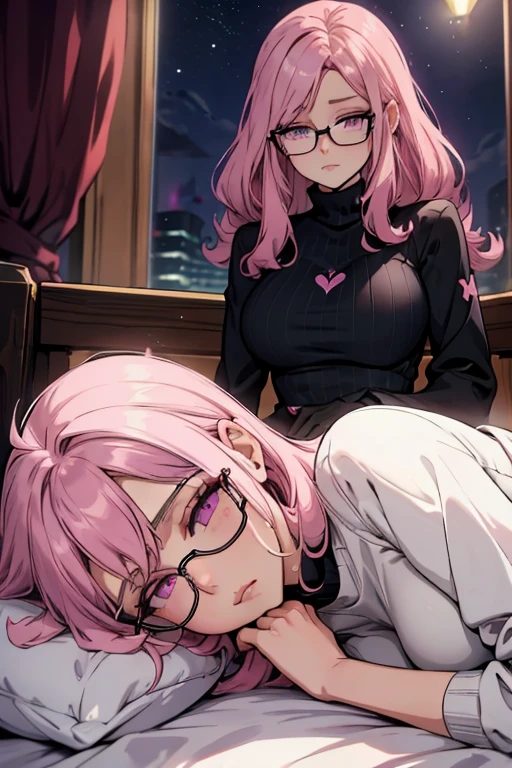 A pink haired woman with violet eyes with an hourglass figure with glasses in a cute sweatshirt dress is sleeping in a bed at night
