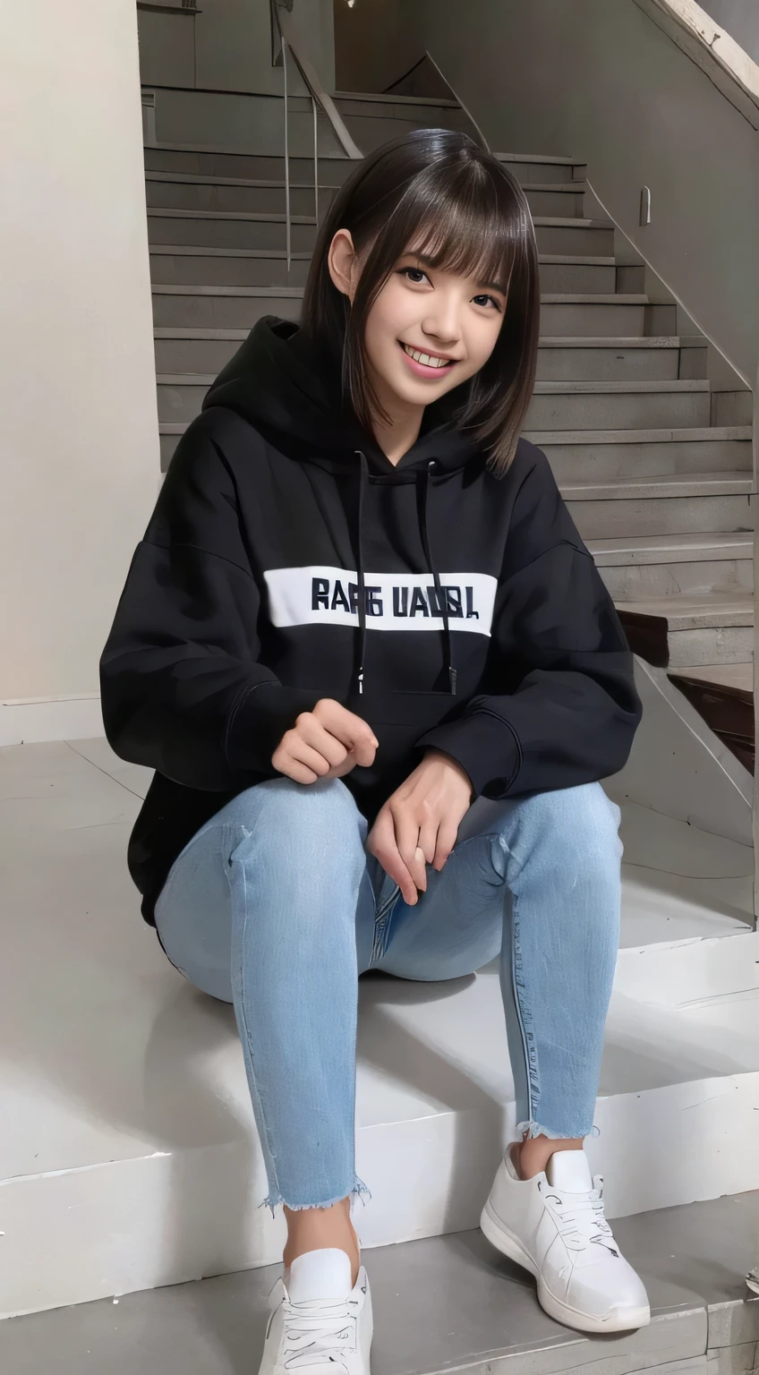 highest quality, Realistic, Very detailed, Finer details, High resolution, 8k wallpaper, One beautiful woman,Sit on the stairs、(Wear black socks)smile、(Beautiful teeth alignment、)(Gums are visible) Oversized hoodie, Skinny jeans,( Black sneakers)、Black Hair、 Beautiful Bangs、ear piercing、Perfect dynamic composition, Beautiful and detailed, Full Body Shot, A big smile