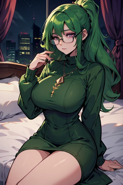 A green haired woman with violet eyes with an hourglass figure with glasses in a cute sweatshirt dress is sleeping in a bed at night