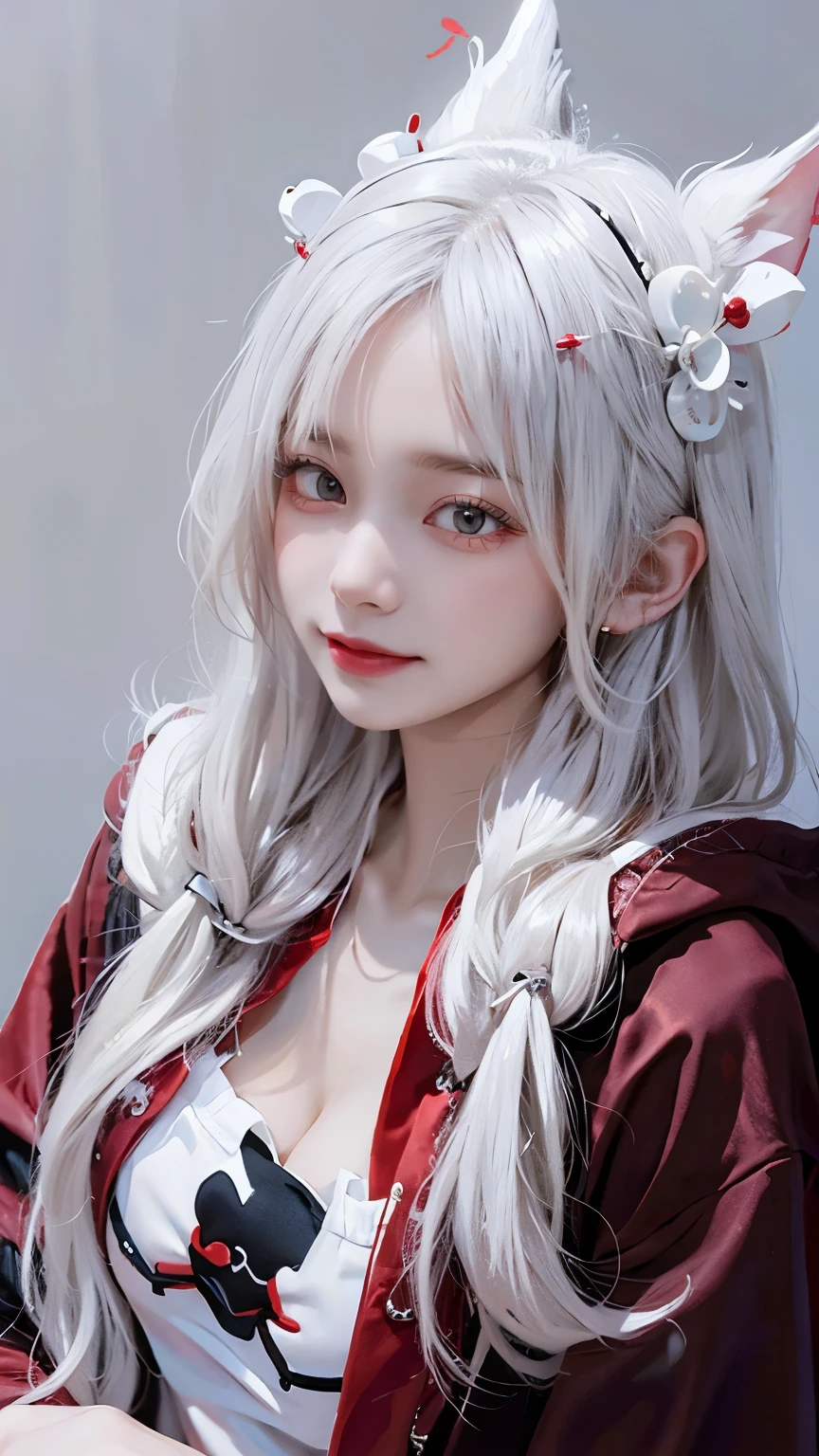 Long white hair - Red eyes - Black hair accessories - Hoodie - Elegant - Mysterious - Minimal exposure - Modesty - Unique - Smile - Charm - Presence