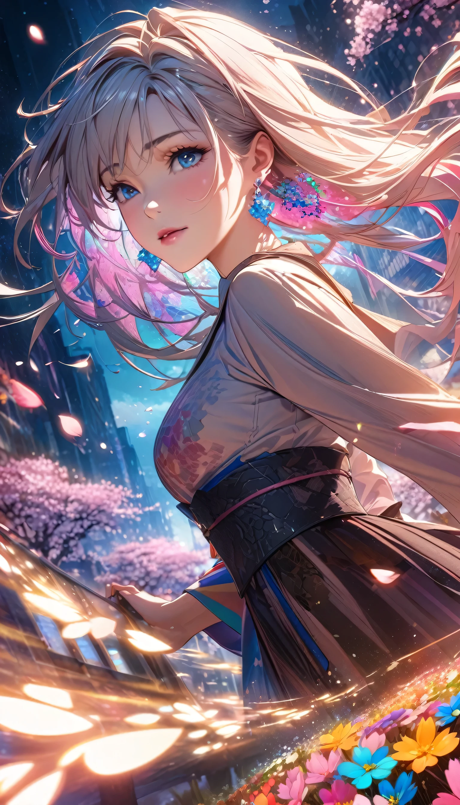 Anime Style, Ultra-fine illustrations, Very detailedな, Dynamic Angle, Beautiful details, 8k, On a Spring Night, Cherry blossom tree illuminated by city lights々is quietly shining. Break A woman stops, I was fascinated by the beautiful scenery, Watching the cherry blossoms fluttering down. Her expression is、It speaks of the coming of spring and a heartfelt admiration for the beauty of cherry blossoms.. masterpiece, highest quality, highest quality, Official Art, beautifully、Aesthetically beautiful:1.2), (1 girl, mature:1.3, Older:1.3), Very detailed,(Fractal Art:1.1),(colorful:1.4)(Flowers:1.3),Most detailed,(Tangled:1.2), (Dynamic pose), (Abstract background:1.3), (Shiny skin), (Many colors:1.4),(Earrings:1.4),