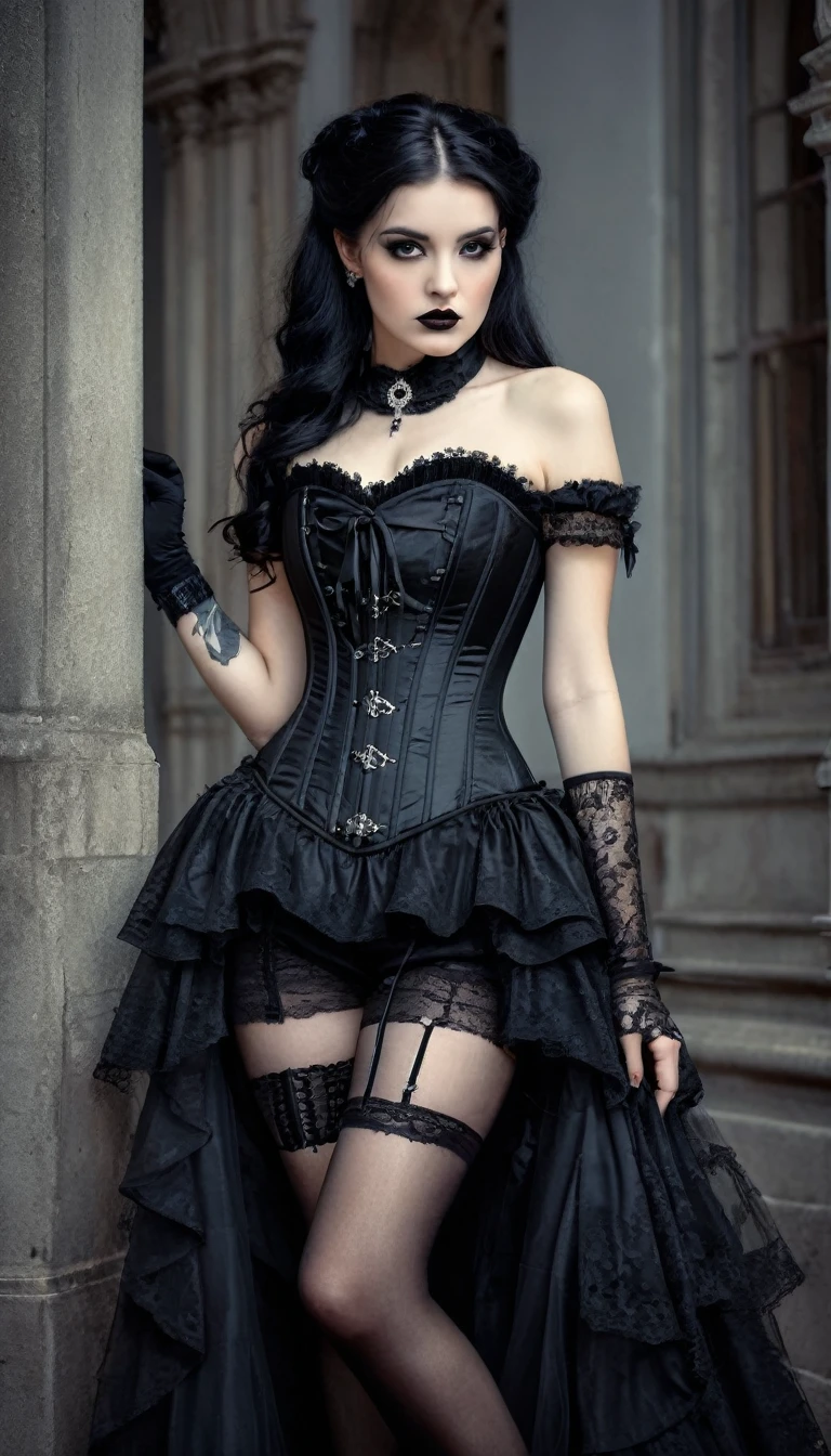 beauty slender  young woman in a black corset and stockings posing for a photographer, portrait, inspired by Luis Royo and David Choe, Tumblr, Gothic art, wearing a Gothic dress, Gothic clothing, Gothic fashion,  Gothic outfit, Gothic and baroque, Gothic aesthetic, wearing modern Gothic clothes, black hair, Gothic maiden, Gothic style, victorian Gothic, Gothic influence