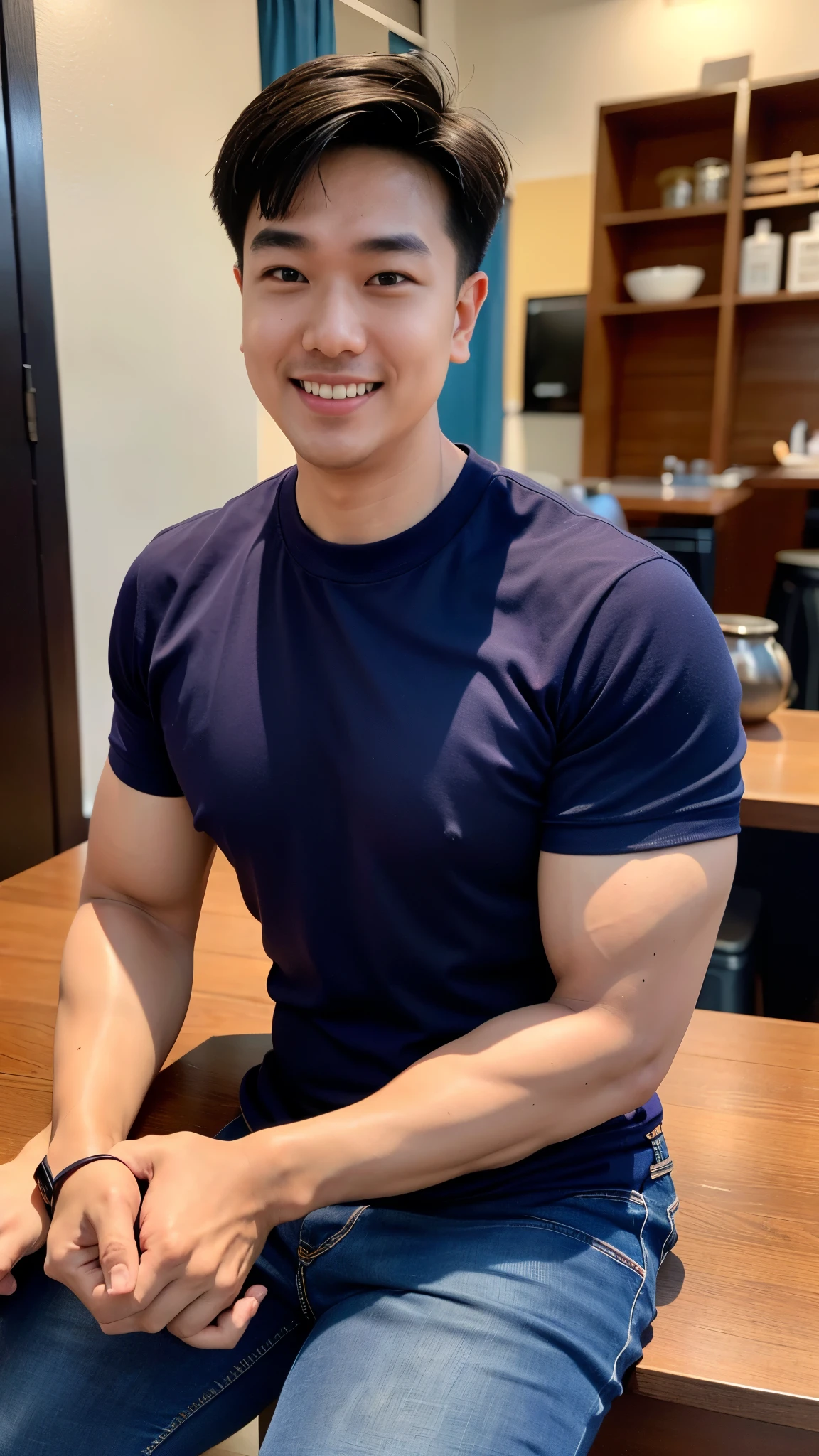 1 man in the middle of the picture, smile, (Wear a dark navy round neck shirt., short sleeve shirt ยี่ห้อ under armor), (jeans), (Korean people) , korean men, (Realistic lighting), looking at the audience, Balancing eye contact), in the coffee shop, cafe
