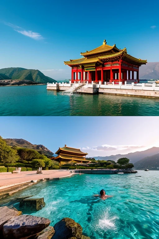 in one photo１One Landscape,The Temple Sunk into the Sea,In the water,swimming fish,Sparkling water,Realistic photos,European style,White Building,luxury,gem,dazzling,Plenty of fish,Beautiful Landscape,RPG World,