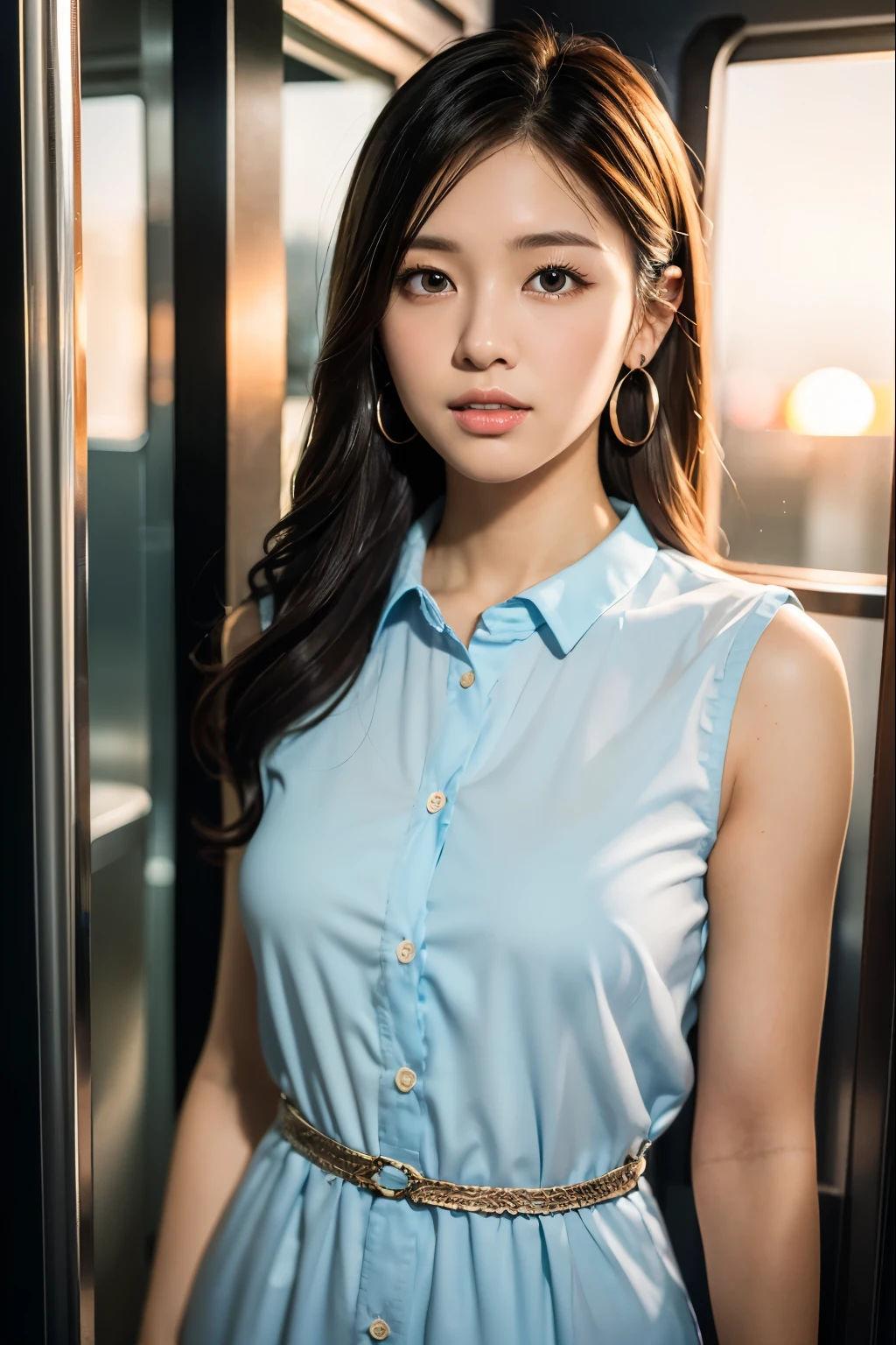 (masterpiece:1.3), high resolution, ultra detailed, extremely detailed CG unity 8k wallpaper, realistic, photo-realistic, RAW photo, beautiful detailed face, pale skin, realistic glistening skin, detailed cloth texture, detailed hair texture, Perfect Style, Beautiful Face, accurate, Anatomically correct, Highly detailed face and skin texture, natural neck length
BREAK
Detailed eyes, symmetric eyes, Brown eyes, Double eyelids, Thin eyebrows, huge breasts (Sexy Lips:1.3),
BREAK, 
((Innocent and Cute girl:1.3)), ((wearing a sleeveless Light-blue Button shirt dress :1.4)), (beautiful clavicle), (cross strap shoes), shiny small (necklace, bracelet), ((large hoop earrings:1.2)), (ring belt:1.2), (hobo bag over shoulder:1.3), 
Layered Hairstyle, Dark-brown hair, wavy hair, medium long hair, (very provocative smile:1.2), 
medium large breasts, (firm breast), nicely shaped breasts
BREAK, 
((Standing leaning against the door:1.3)), (inside the very crowded bus:1.3)
BREAK, 
((Upper body shot:1.3)), (background of beautiful sunset shines:1.4)